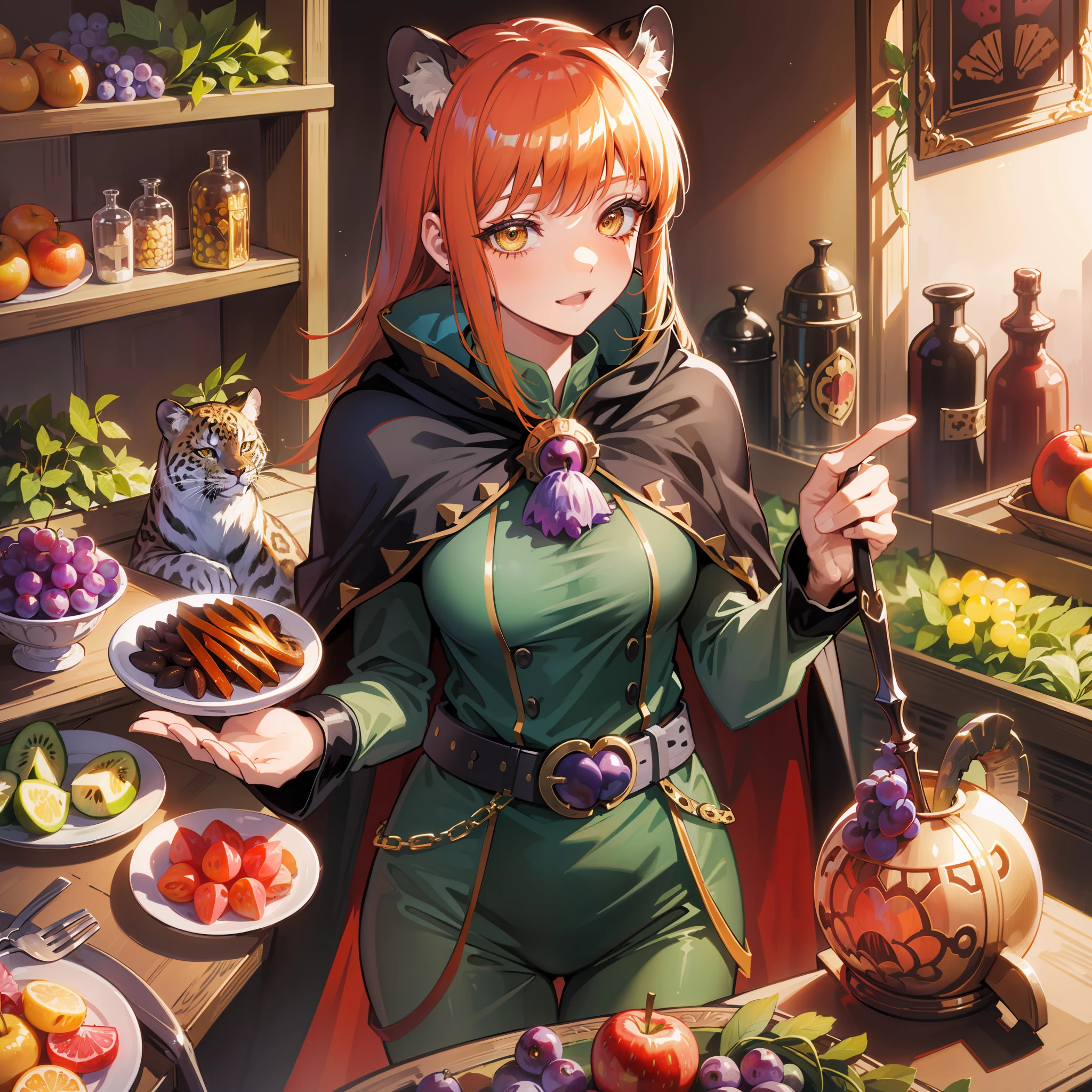 Makima, medieval times, animals, food, tunic, dark green velvet, tight pants, leopard print cape, black leather high boots, fruit and vegetable accessories, brooches and pins, golden apple, bunch of grapes, belt with plate-shaped buckle, bag with culinary pattern print.