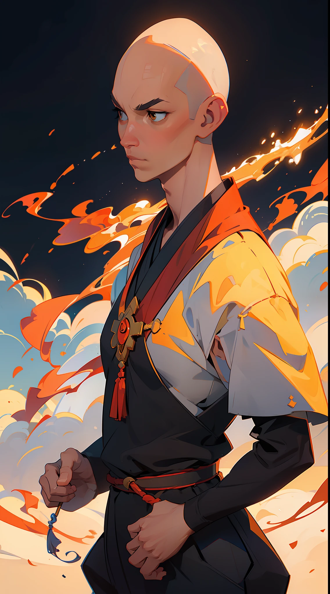"A peaceful and wise monk with bald head and serene brown eyes, who seeks enlightenment through meditation and discipline"