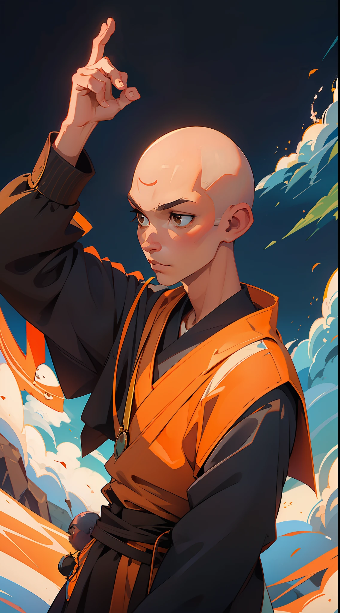 "A peaceful and wise monk with bald head and serene brown eyes, who seeks enlightenment through meditation and discipline"