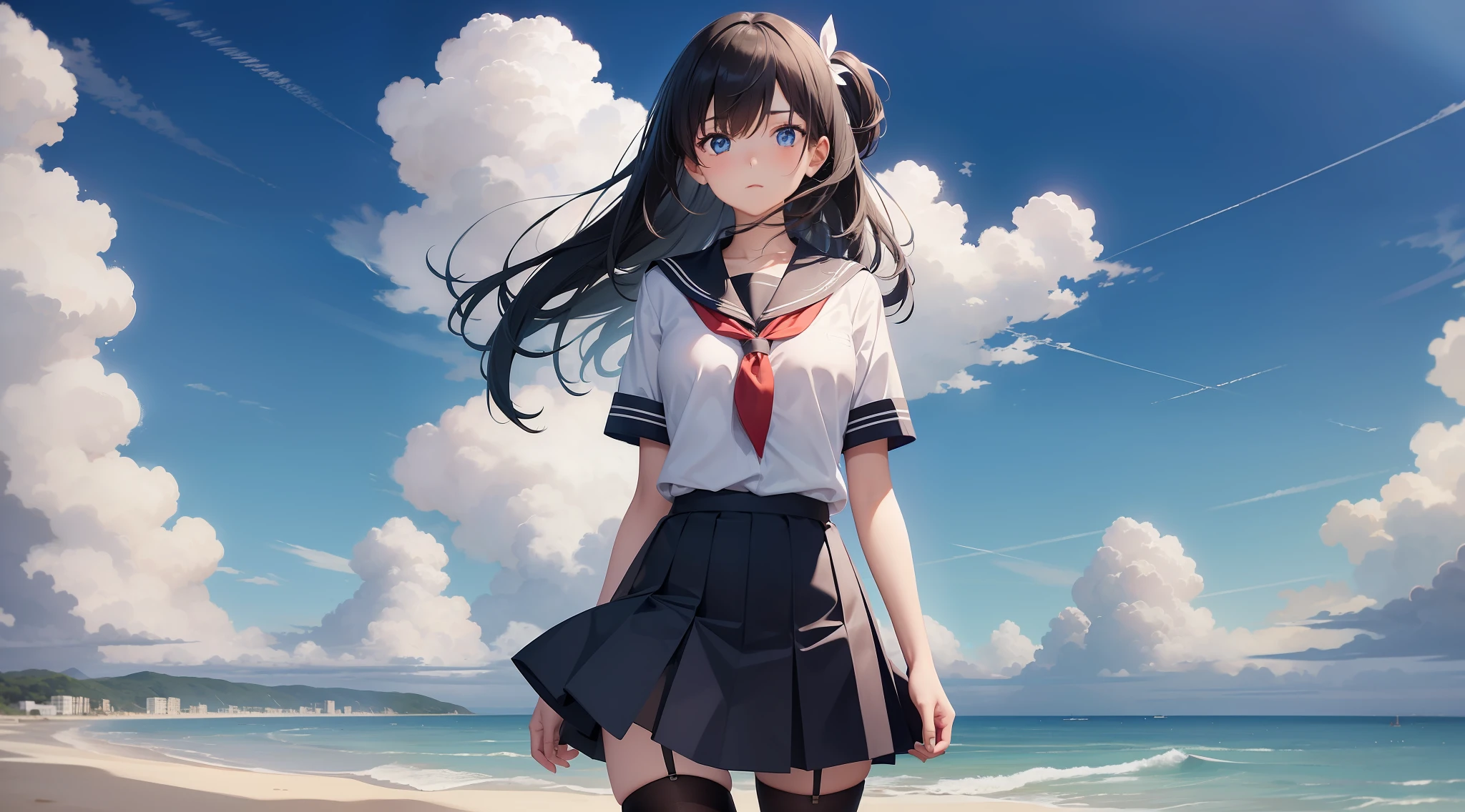 1 girl, cute, hairpins, beautiful blue eyes, short blue school uniform, full body, perfect body size, black stockings, wind blowing skirt, clouds, standing in beach sand, clear blue sky in the background,