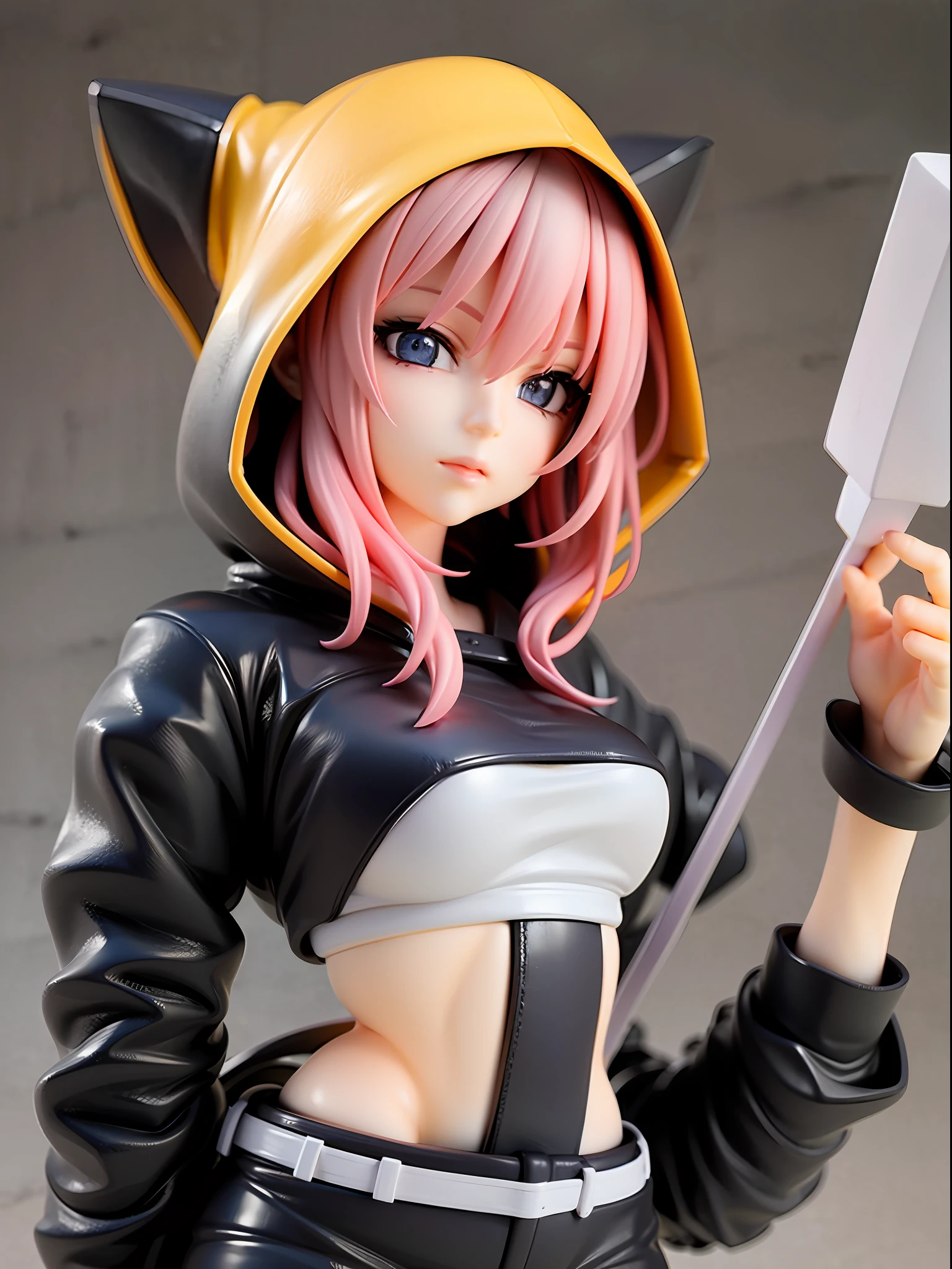 Girl, wearing a hood, neon color, holding a weapon, machine, white background, no background, colorful