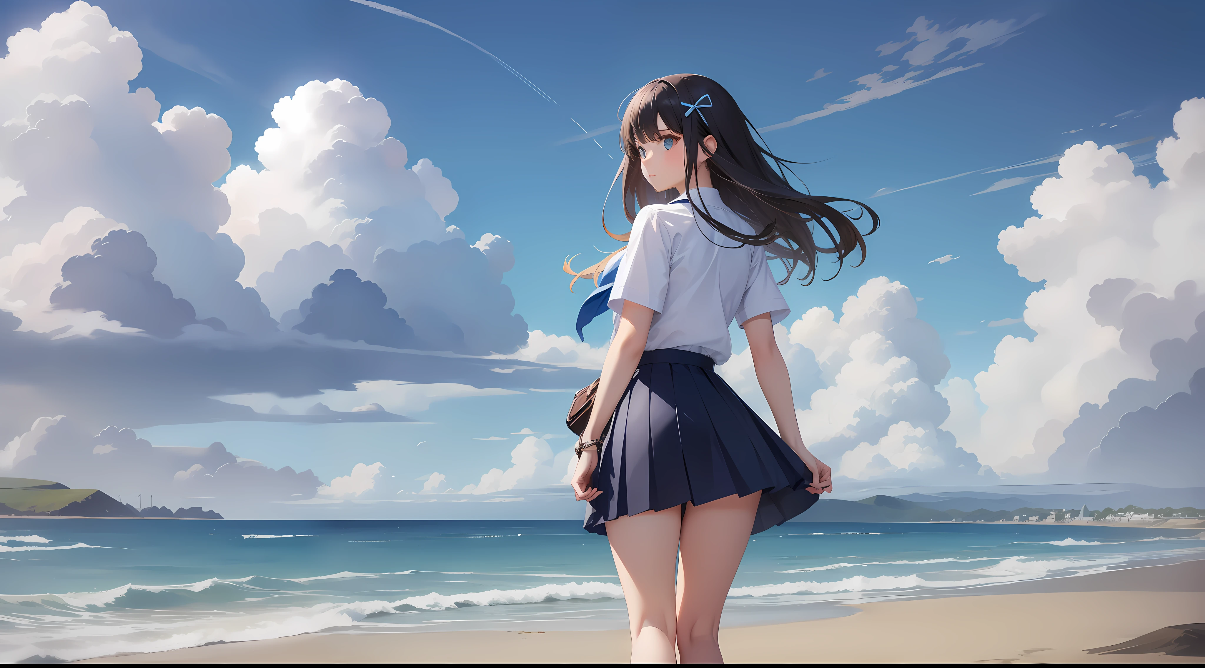 1 girl, cute, hairpins, beautiful blue eyes, blue school uniform, full body, perfect body size, stockings, wind blowing skirt, clouds, standing in beach sand, clear blue sky in the background,