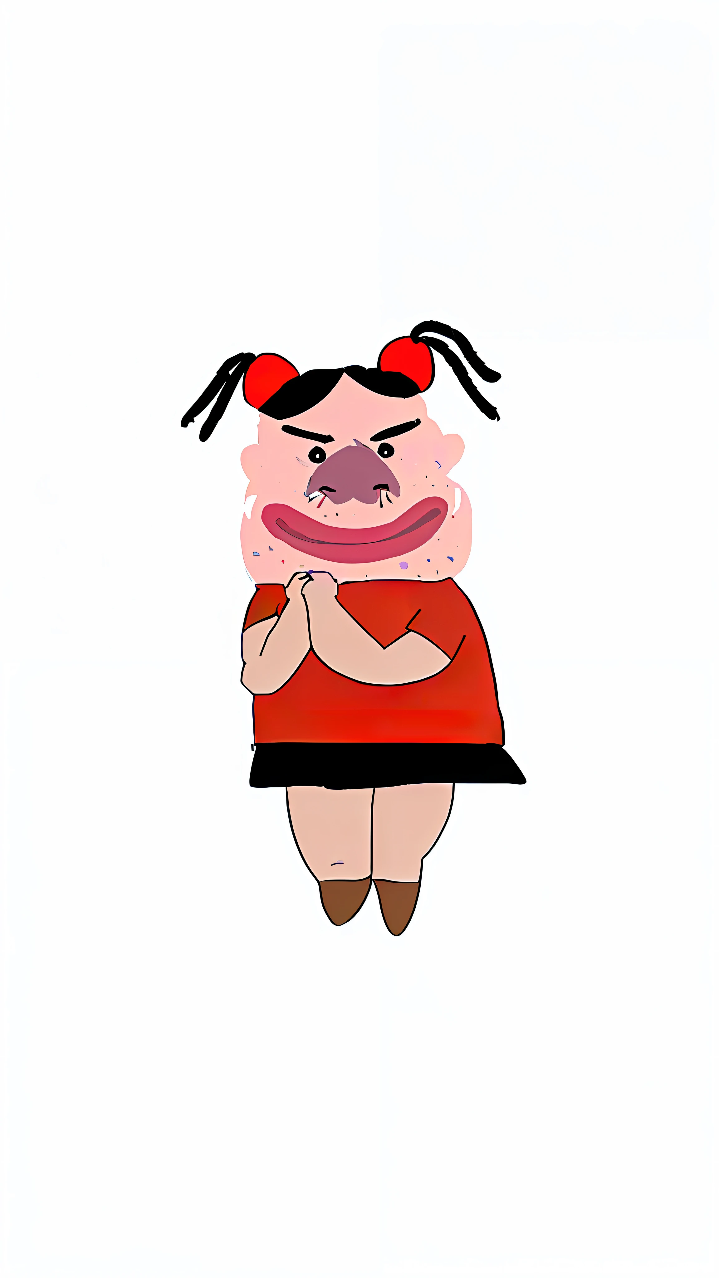 cartoon girl with pigtails and a red shirt standing with her arms crossed, scary angry pose, ugly woman, an angry expression, evil expression, an old lady with red skin, devious evil expression, evil standing smiling pose, angry expression, very angry expression, fleshy person with extra limbs, evil pose, pink iconic character, angry smile, evil woman, angry look --auto --s2