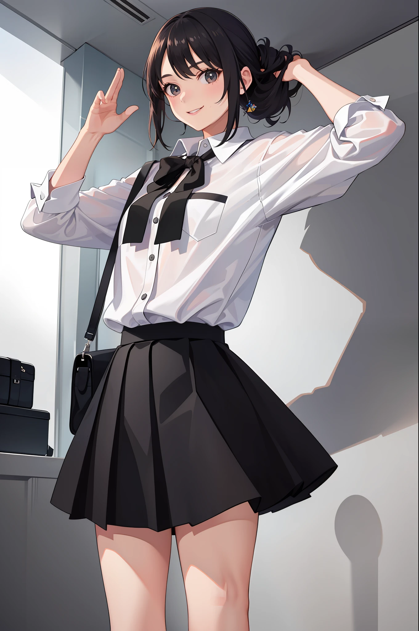 1 girl, smile, shirt, skirt, (small) chiralism,