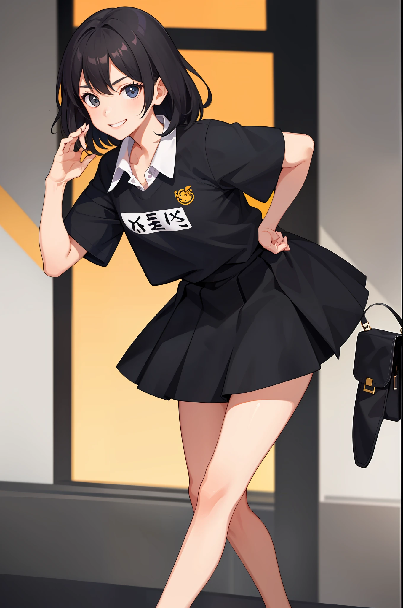 1 girl, smile, shirt, skirt, (small) chiralism,