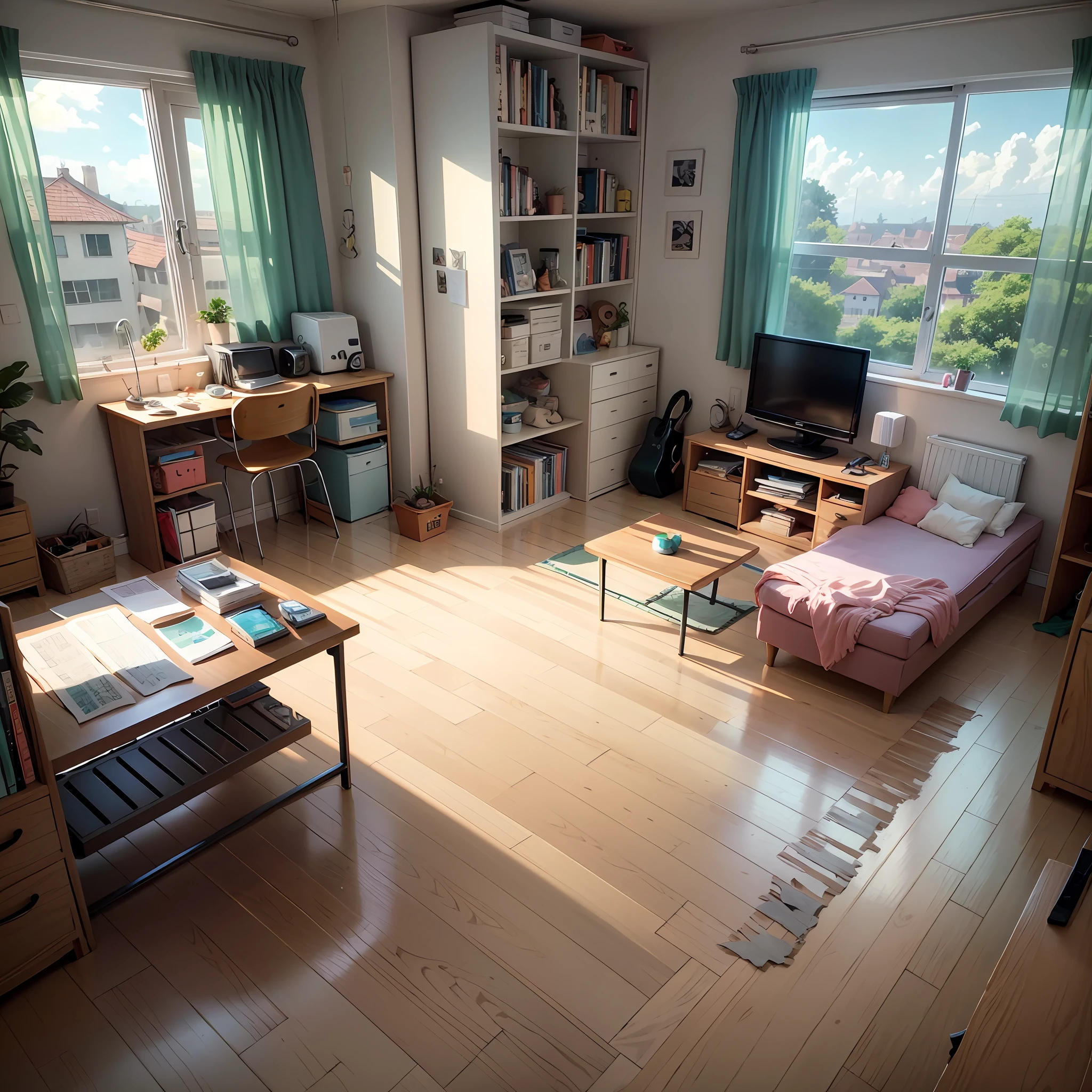 Create an anime-style room, half organized, viewed horizontally, Anime Studio Ghibli style --auto --s2