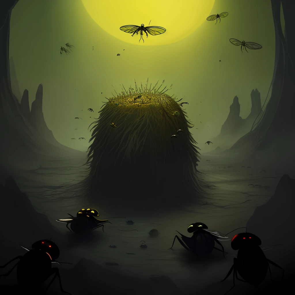 Flies-like creatures with human faces and bodies, half a meter long and semi-transparent. Yellowish-gray wings leave a trail behind them on the ground. Crustacz live in crevices and cavities of the Abyss. They inject an anesthetic poison into their prey and then drag them into the darkness, laying their eggs in the still-living flesh. Horror universe, Kult Divinit Lost, horror atmosphere, little illumination.