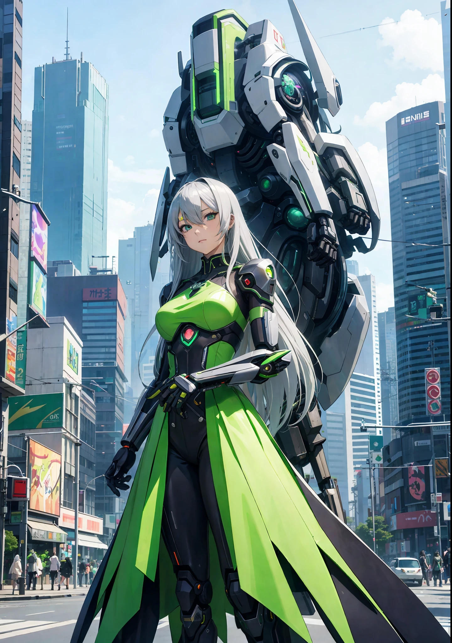 Woman with long hair and green costume standing in the city, anime cyberpunk art, best anime 4K Konachan wallpaper, cyberpunk anime girl mecha, biomechanical, cyborg - silver haired girl, digital cyberpunk anime art, perfect anime cyborg woman, digital cyberpunk - animation art, saint cyborg necromancer sa girl, Anime Cyborg