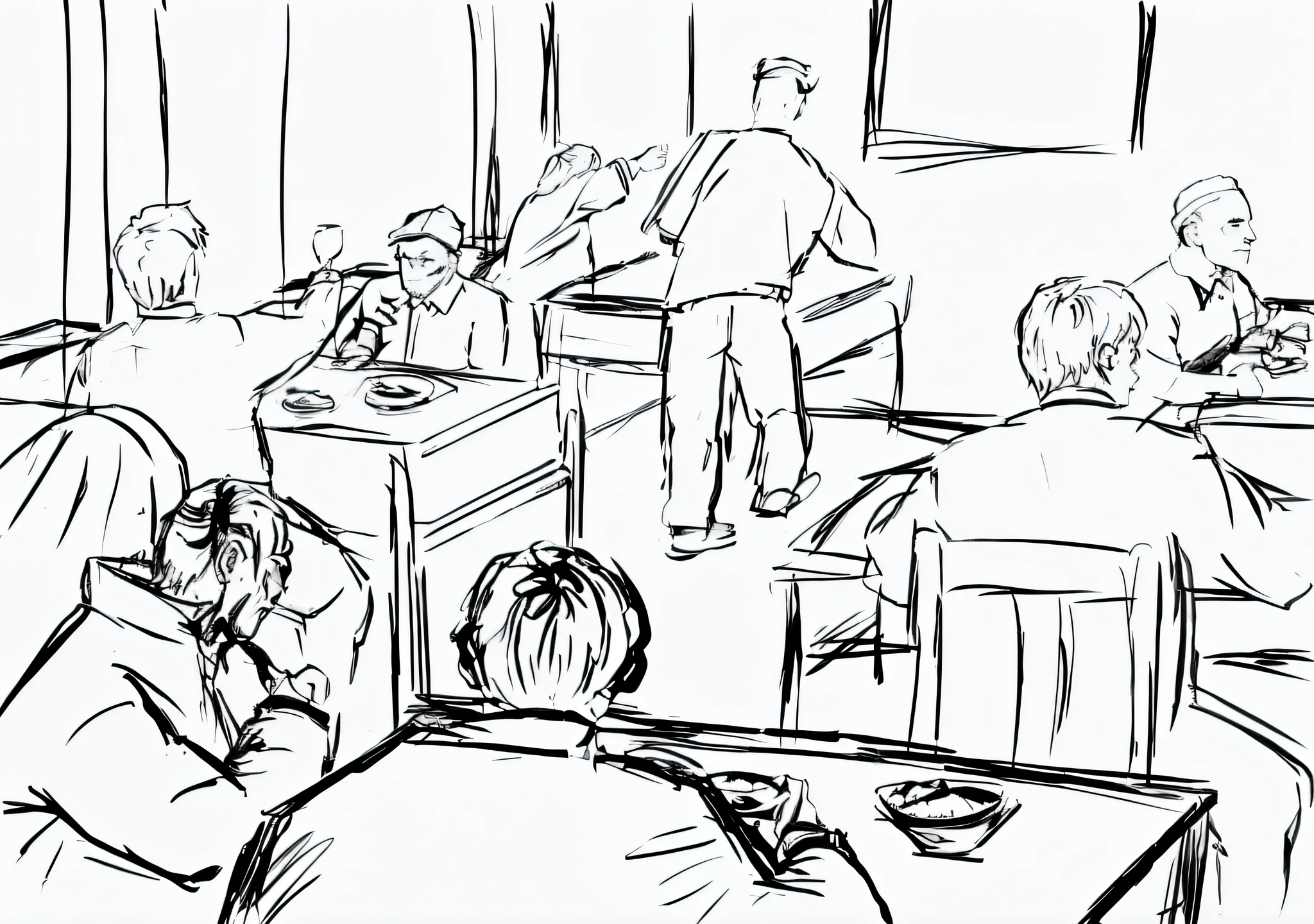 Drawing of a group of people sitting at a classroom table, restaurant sketch sketch, restaurant sketch sketch, restaurant sketch sketch, restaurant sketch sketch, restaurant sketch scene, restaurant sketch painting, restaurant sketch art, on the meal, as a comic panel