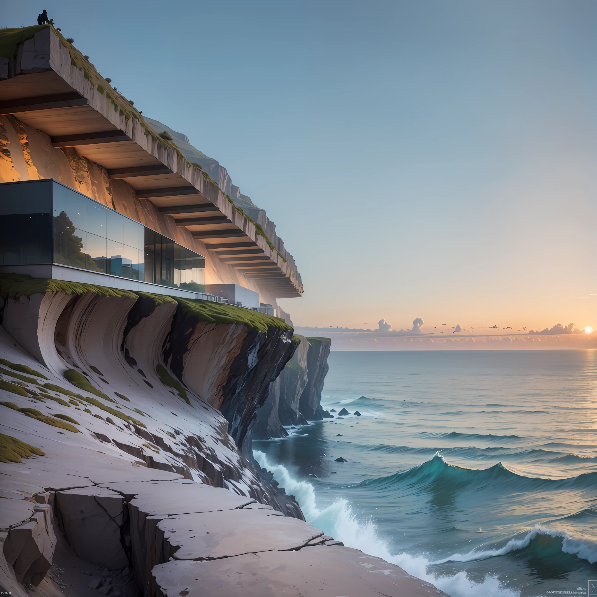(A modern architectural effect photo embedded in a natural cliff), full-body photo, static, figure on right, large scale, shadows emerged, sea surface: rugged coastline under natural cliffs, reeds, clouds, crashing waves, stunning seascape line -auto -s2 --auto --s2