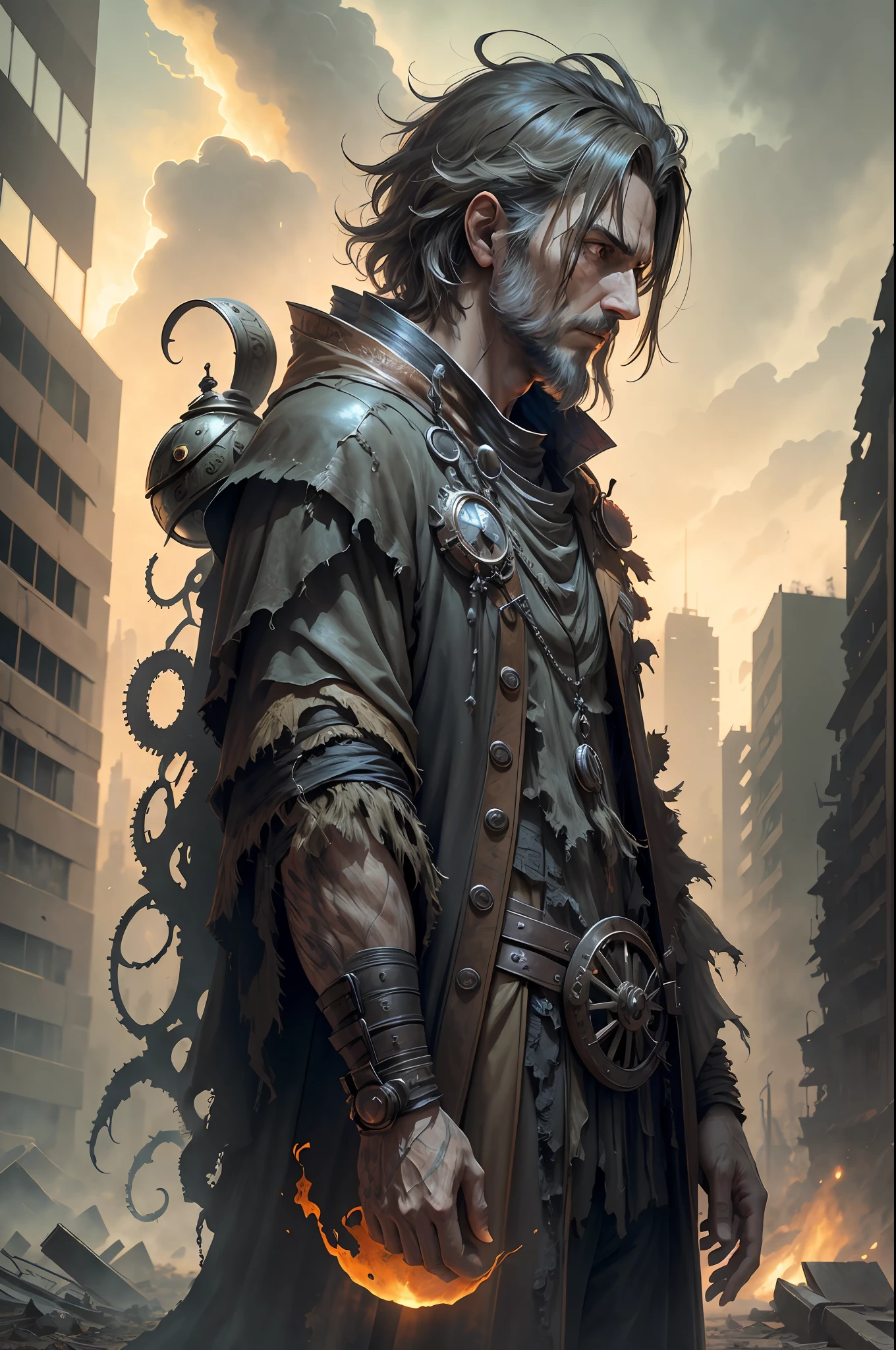 A guardian of lonely time holding an ancient clock in his hands, in a desolate apocalyptic scenario. He wears a torn robe, with shaggy hair and a tired look. In the background, crumbling buildings, rubble, toxic smoke, reddish skies and dead trees. --auto --s2