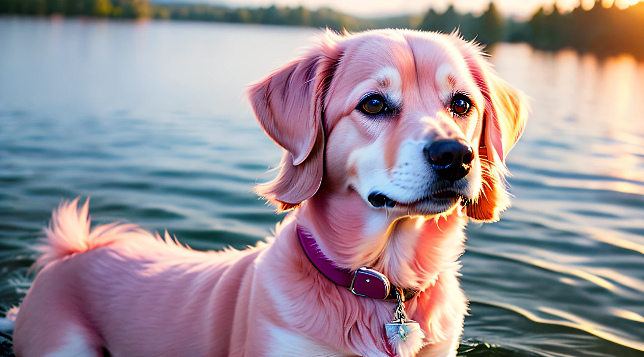 Close-up photo of a very cute pink dog on the lake, pink, soft volumetric lighting, (backlight: 1.3), (video: 1.2), intricate detail, (ArtStation: 1.3), rutkowski, smile,