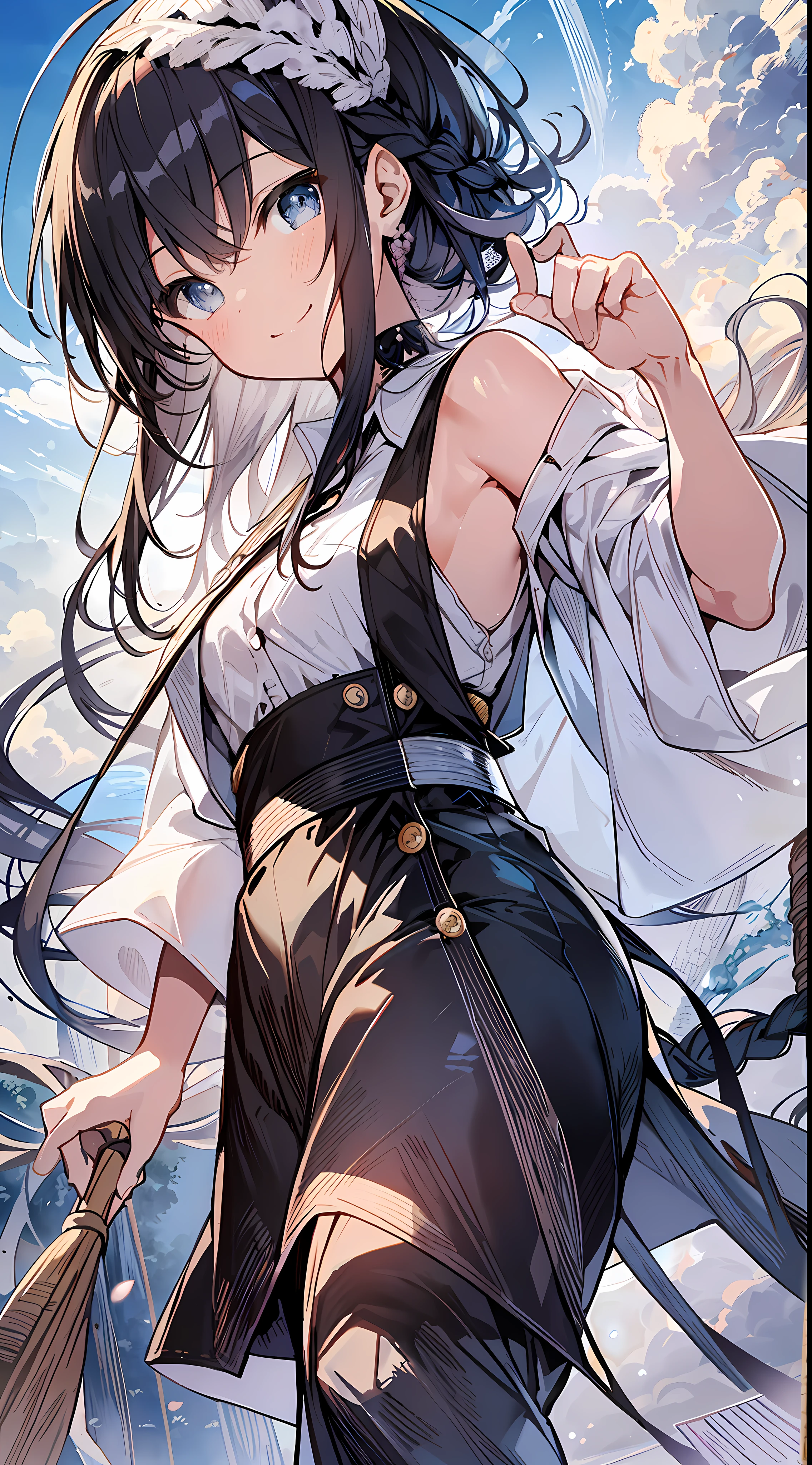 Top Quality, Masterpiece, Ultra High Definition, 8K, Summer Sky, Early Summer, (Wide Pants, Linen Shirt), Shojo Manga Style Loli, Single, Soft Line Art, Digital Enhancement, Shojo Manga Touch, Shojo Manga Core, Flowing Fabric, Close Up, (Shoulder Length and Short Braid)), Wet Hair, Soft Drawing, Fluffy, Soft, Beautiful Black Hair, Clear Eyes, (( Teasing smile)), ultra-detailed digital anime art, clear face depiction, ultra-detailed shoujo manga character art, clear facial features, ultra-detailed manga style, top quality colors, hand gestures, looking up at the sky, foot-up angle, zentangle