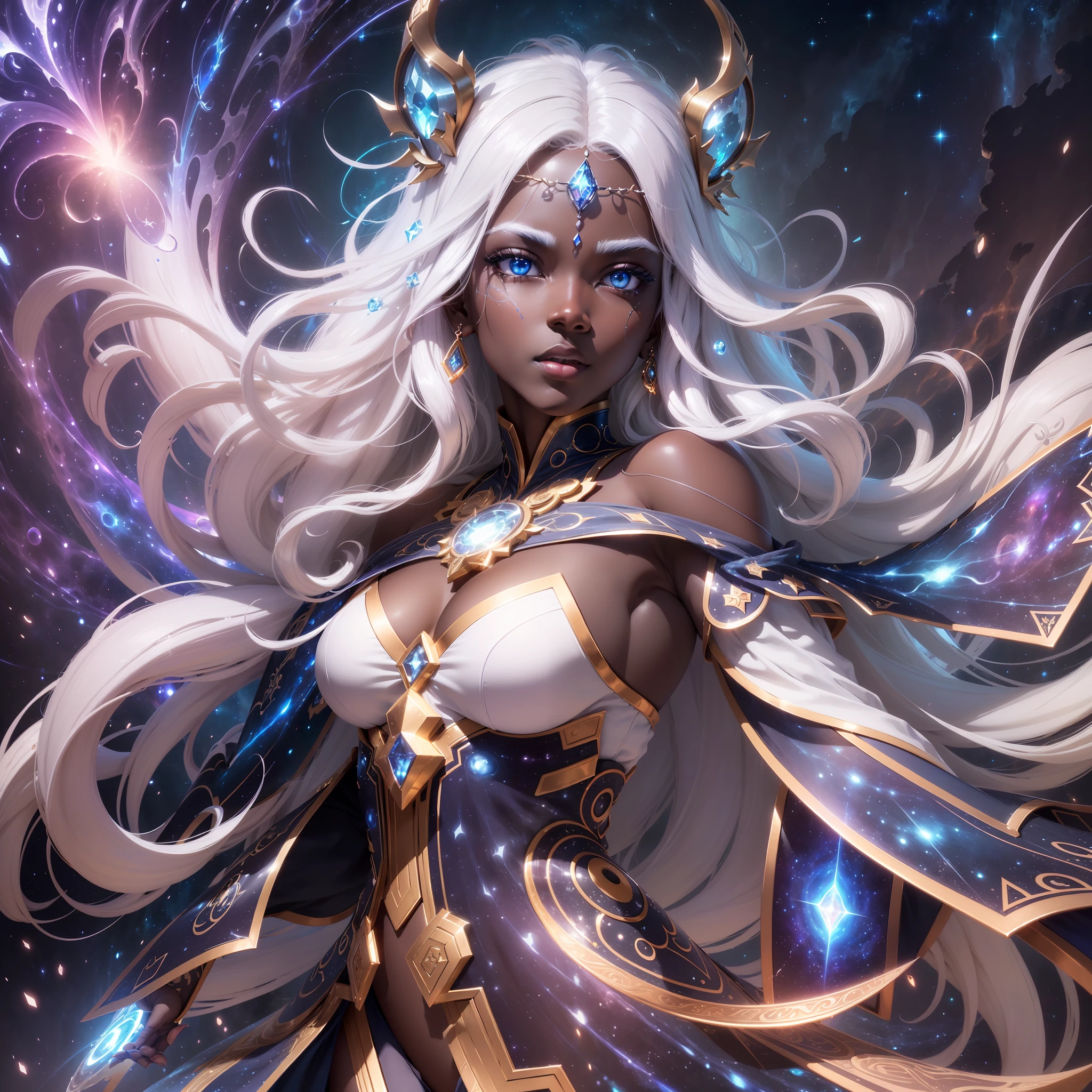(extremely detailed CG unity 8k wallpaper,masterpiece, best quality, ultra-detailed),(best illumination, best shadow, an extremely delicate and beautiful),(ethereal, powerful, god-like),(1 character),(dark skin, white hair, powerful eyes),(cosmic background, floating symbols),(emitting bright light),(mystical blue energy),dynamic pose. --auto --s2