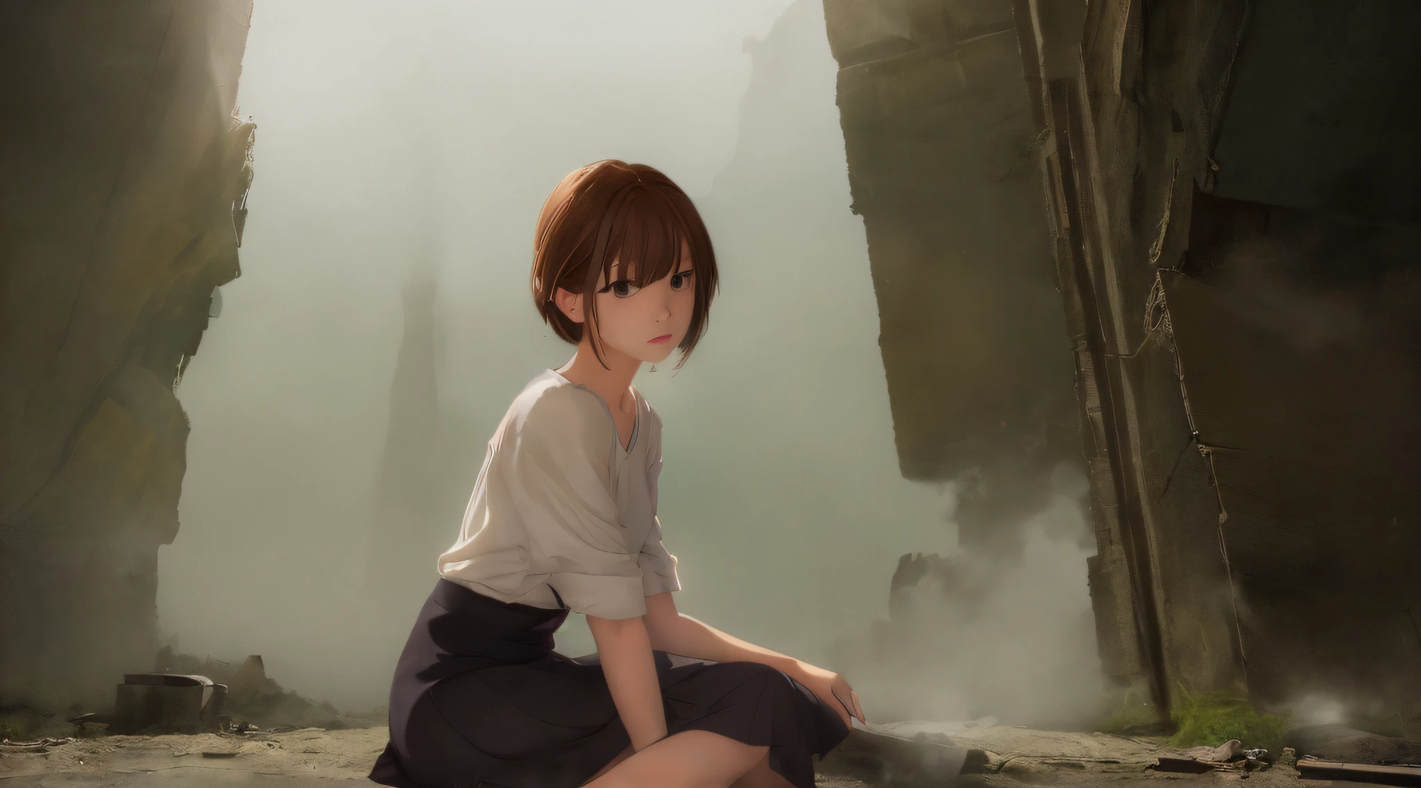A beautiful young woman drawn with very detailed illustrations carefully drawn like Makoto Shinkai's anime. She has short brown hair, perfect round gray eyes, and wears a light gray shirt and a long skirt of dark gray. Sitting on her knees, perfect beautiful fingertips, surrounded by brown walls, large rubble scattered around, backlit, fantastic background.