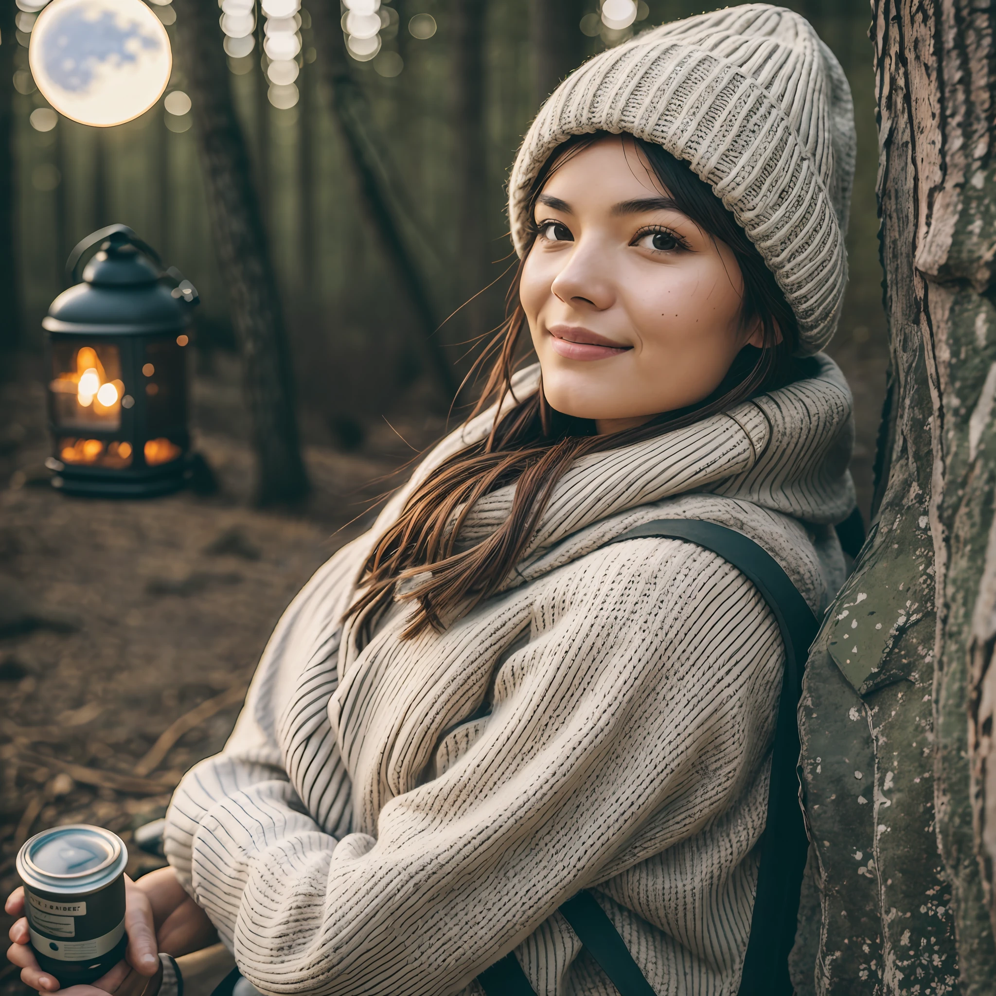 Lina Esco ((upper body selfie, happy)), masterpiece, best quality, ultra-detailed, solo, outdoor, (night), mountains, nature, (stars, moon) cheerful, happy, backpack, sleeping bag, camping stove, water bottle, mountain boots, gloves, sweater, hat, lantern, forest, stones, river, wood, smoke, shadows, contrast, clear sky, style, (warm hue, warm tone): 1.2), close-up, cinematic light, side lighting, ultra high resolution, best shadow, RAW, upper body, wearing pullover --auto --s2