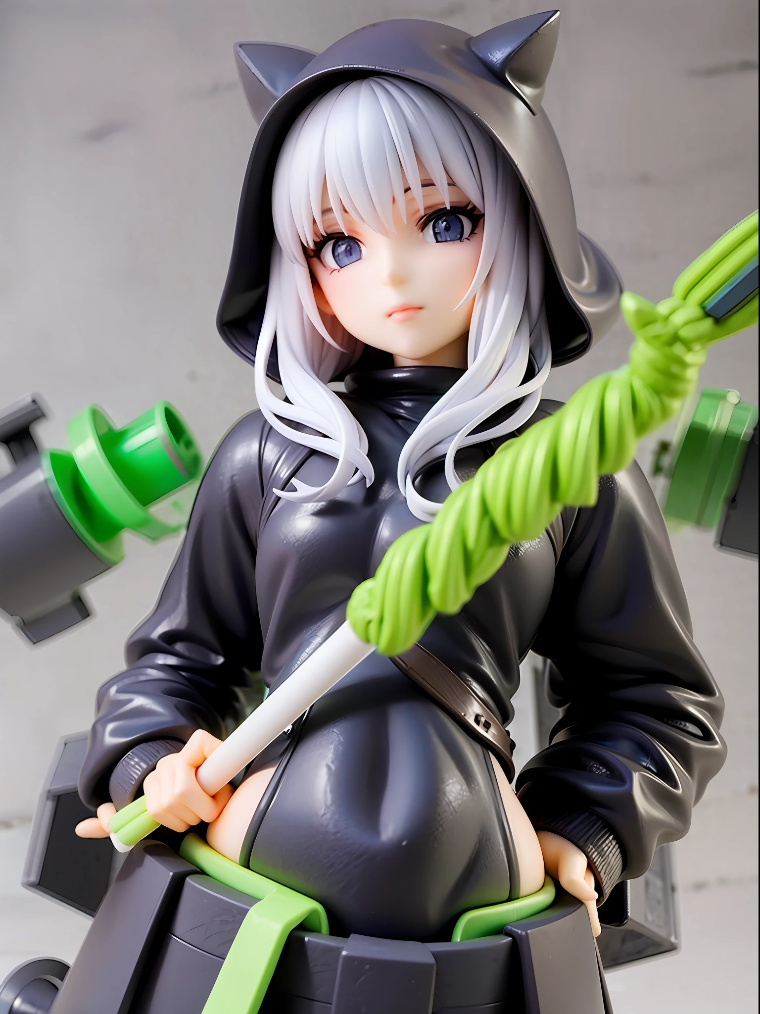 Girl, wearing a hood, neon color, holding a weapon, machine, white background, no background,