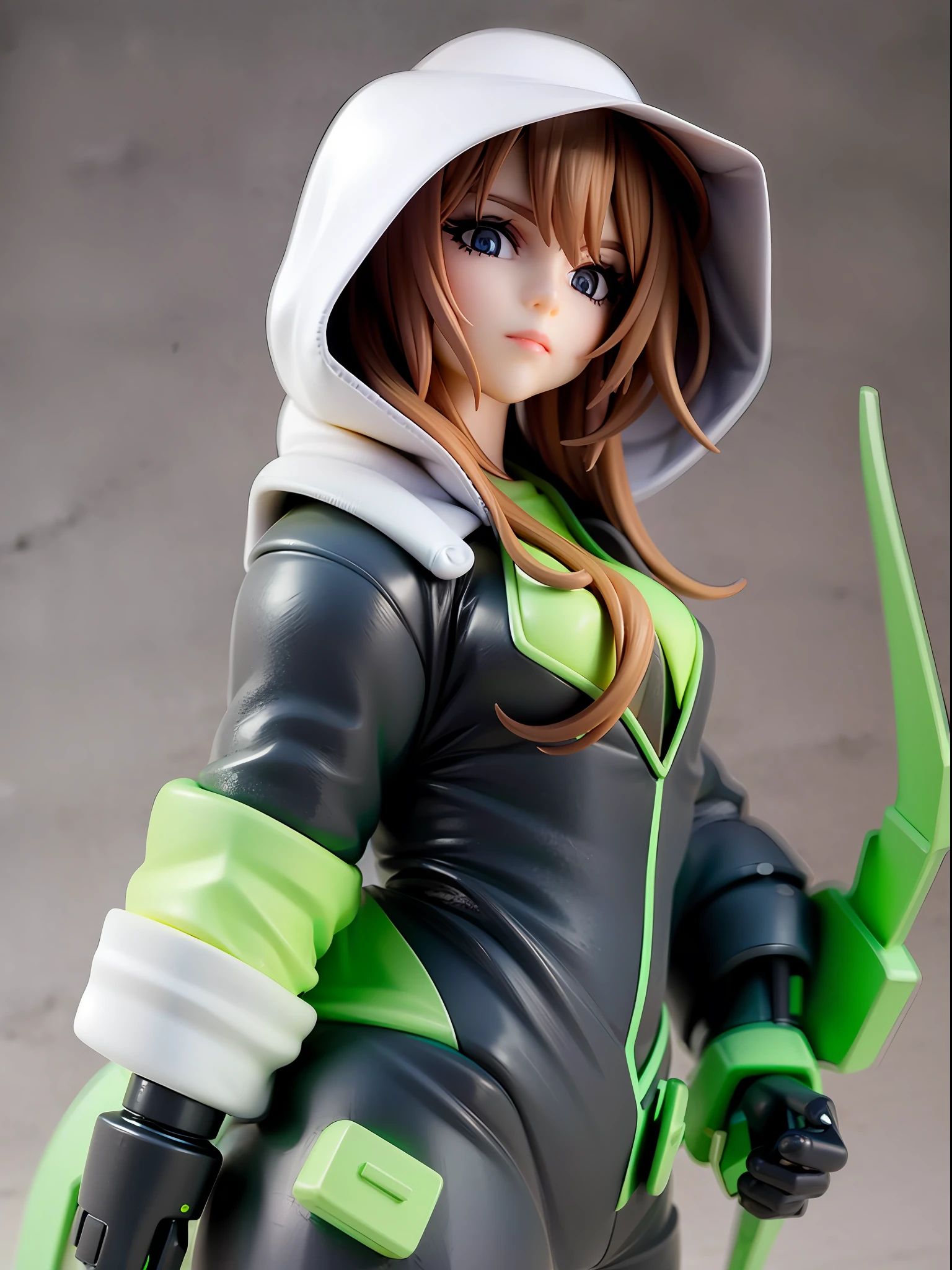 Girl, wearing a hood, neon color, holding a weapon, machine, white background, no background,