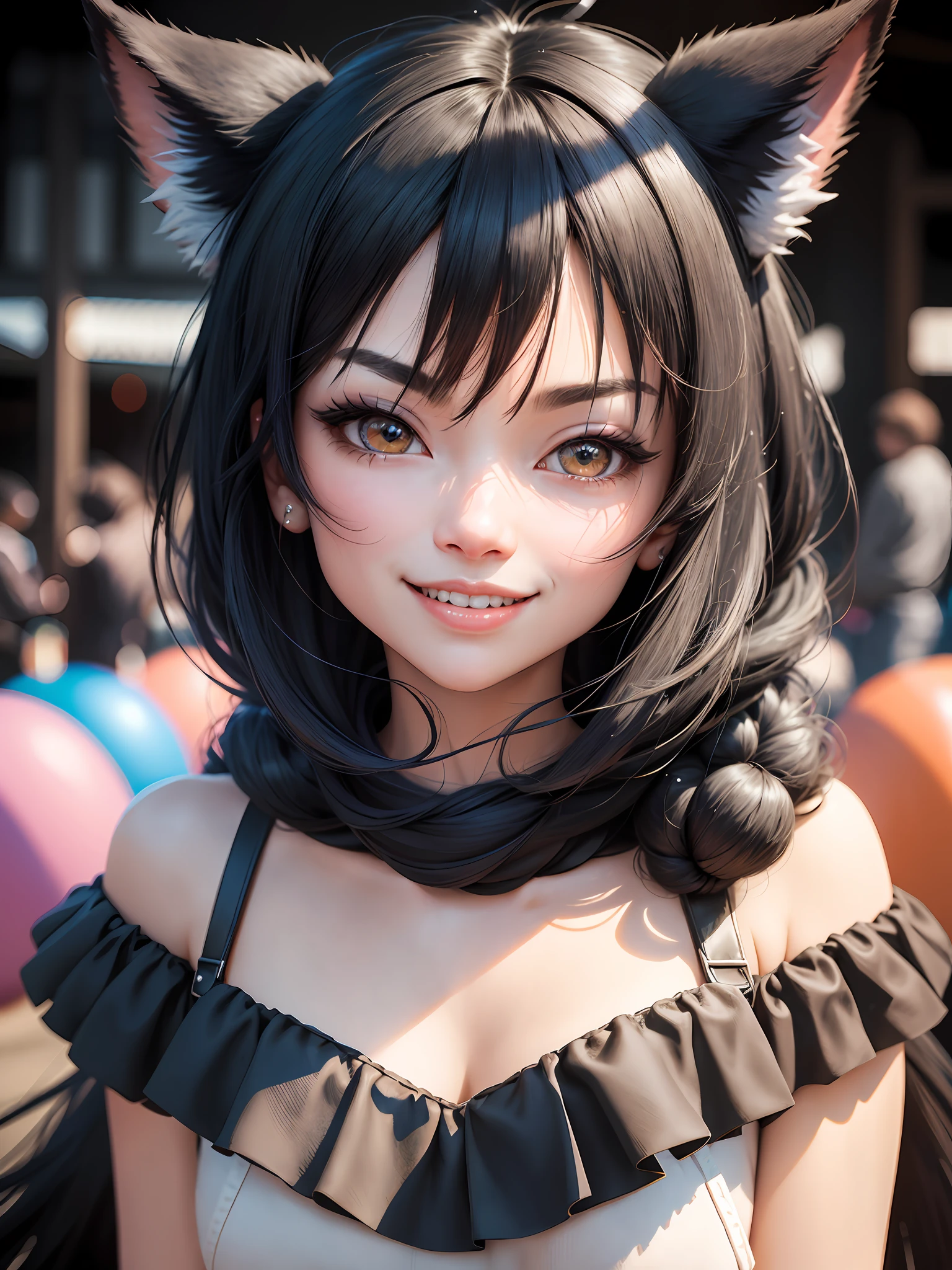 black hair, hair bobbles, wince, longeyelashes, solid circle eyes, fake animal ears, light smile, ear blush, fang, Surrealism, drop shadow, anaglyph, stereogram, tachi-e, pov, atmospheric perspective, 8k, super detail, ccurate, best quality, retina, retina, masterpiece