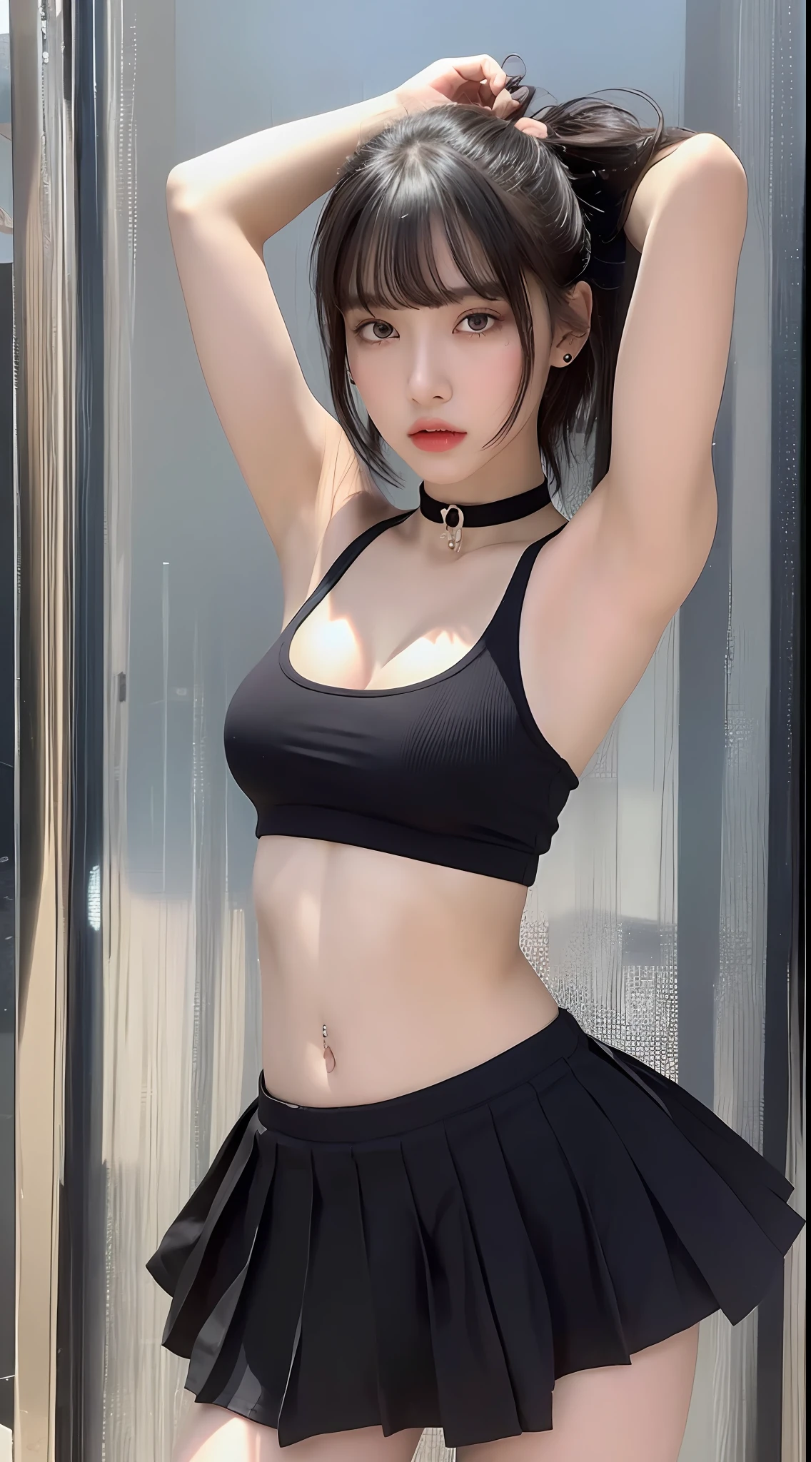 ((Day, Real Light, Top Quality, 8k, Masterpiece: 1.3)), 1 girl, slender beautiful girl: 1.4, abs 2,0, ass 1.5, (black straight hair, beautiful breasts 3.0), mini skirt pleats: 1.2, tank top, white studio, ultra detailed face, detailed eyes, double eyelids, navel, bangs free, navel, piercing, choker