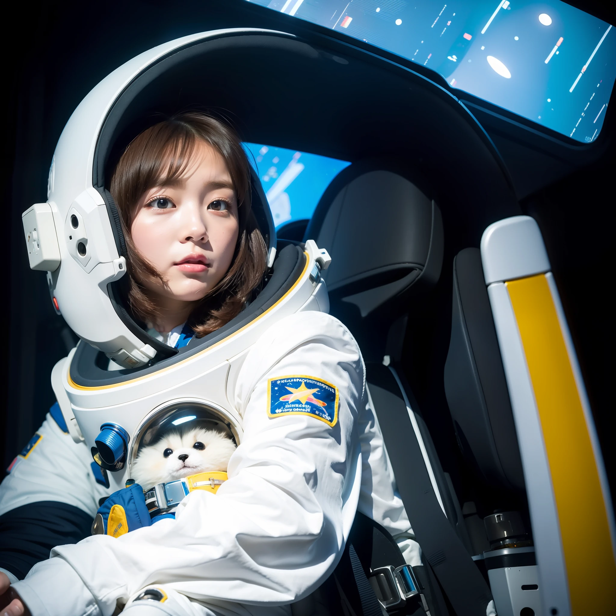 A girl in a spacesuit staring at space in the cockpit of a spaceship. However, in her hand is a fluffy space stuffed animal, which stands out for its cuteness.