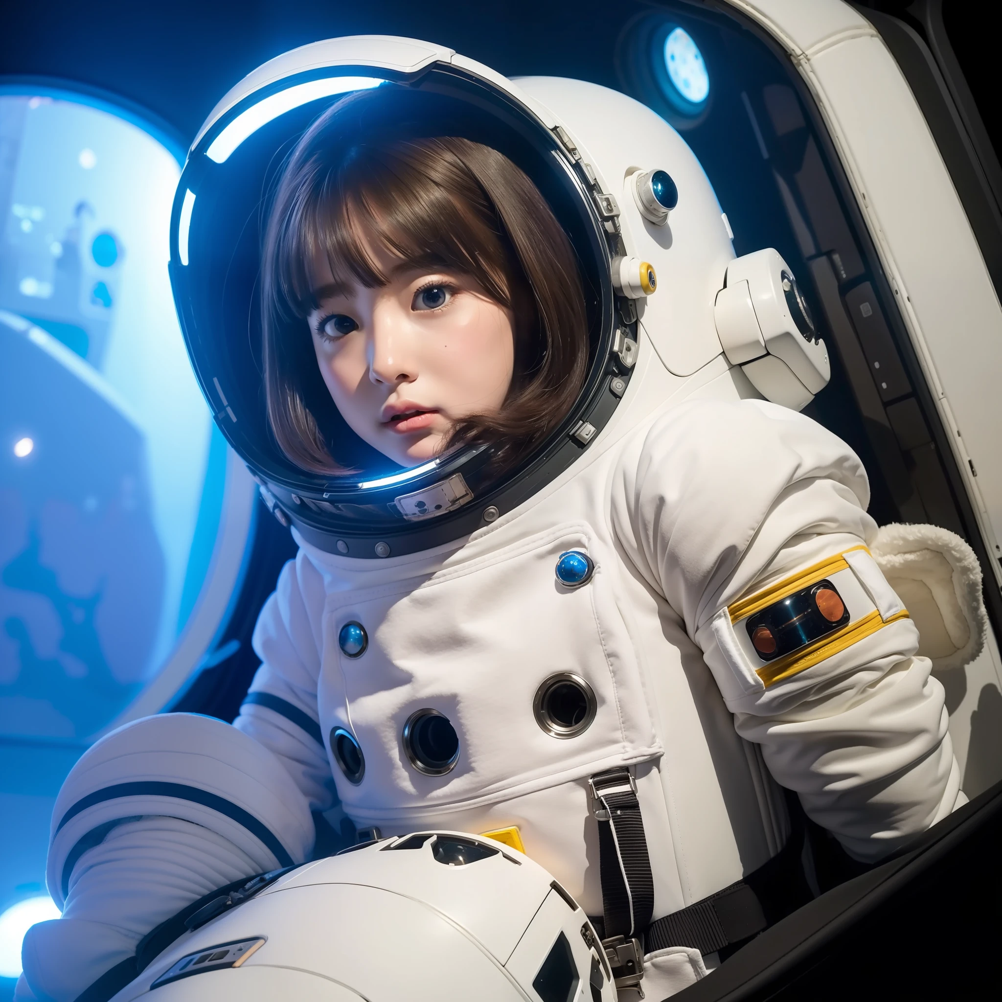 A girl in a spacesuit staring at space in the cockpit of a spaceship. However, in her hand is a fluffy space stuffed animal, which stands out for its cuteness.