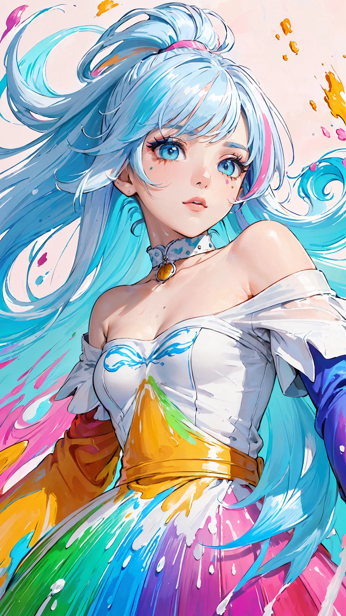 (Pink Fashion T-shirt:1.9),(Colorful hair: 1.8), (all the colours of the rainbow: 1.8),(((((vertical painting:1.6))), (painting:1.6),front, comics, illustrations, paintings, large eyes, crystal clear eyes,( rainbow color gradient high ponytail:1.7), exquisite makeup, closed mouth,(Small Fresh: 1.5),(Wipe Chest: 1.6) ,long eyelashes, white off shoulder T-shirt, White Shoulder Shirt,looking at the audience, large watery eyes, (rainbow colored hair:1.6), color splash, (solo:1.8), color splash, color explosion, thick paint style, messy lines, ((shining)),(colorful), (colorful), (colorful), colorful, Thick Paint Style, (Splash) (Color Splash), Vertical Painting, Upper Body, Paint Splash, Acrylic Pigment, Gradient, Paint, Highest Image Quality, Highest Quality, Masterpiece, Solo, Depth of Field, Face Paint, colorful clothes, (Elegant: 1.2), gorgeous,long hair, wind, (Elegant: 1.3), (Petals: 1.4),(((masterpiece))),(((best quality))),((ultra-detailed)),(illustration),(dynamic angle),((floating)),(paint),((disheveled hair)),(solo),(1girl) , (((detailed anima face))),((beautiful detailed face)),collar,bare shoulders,white hair, ((colorful hair)),((streaked hair)),beautiful detailed eyes,(Gradient color eyes),(((colorful eyes))),(((colorful background))),(((high saturation))),(((surrounded by colorful splashes))),