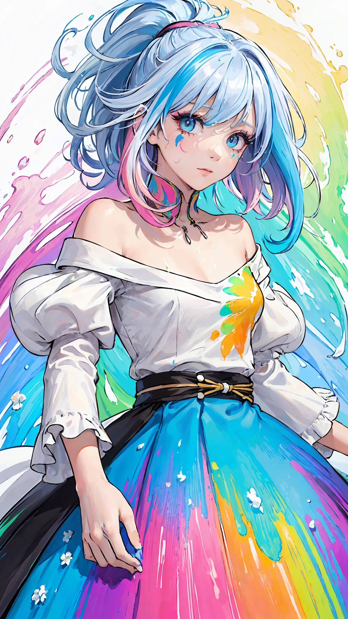 （Pink Fashion T-shirt：1.9），(Colorful hair: 1.8), (all the colours of the rainbow: 1.8),(((((vertical painting：1.6))), （painting：1.6），front, comics, illustrations, paintings, large eyes, crystal clear eyes,（ rainbow color gradient high ponytail：1.7）, exquisite makeup, closed mouth,(Small Fresh: 1.5),(Wipe Chest: 1.6) ，long eyelashes, white off shoulder T-shirt,  White Shoulder Shirt，looking at the audience, large watery eyes, (rainbow colored hair：1.6), color splash, （solo：1.8）, color splash, color explosion, thick paint style, messy lines, ((shining))，(colorful), (colorful), (colorful), colorful, Thick Paint Style, (Splash) (Color Splash), Vertical Painting, Upper Body, Paint Splash, Acrylic Pigment, Gradient, Paint, Highest Image Quality, Highest Quality, Masterpiece, Solo, Depth of Field, Face Paint,  colorful clothes, (Elegant: 1.2), gorgeous,long hair, wind, (Elegant: 1.3), (Petals: 1.4)，(((masterpiece))),(((best quality))),((ultra-detailed)),(illustration),(dynamic angle),((floating)),(paint),((disheveled hair)),(solo),(1girl) , (((detailed anima face))),((beautiful detailed face)),collar,bare shoulders,white hair, ((colorful hair)),((streaked hair)),beautiful detailed eyes,(Gradient color eyes),(((colorful eyes))),(((colorful background))),(((high saturation))),(((surrounded by colorful splashes))),