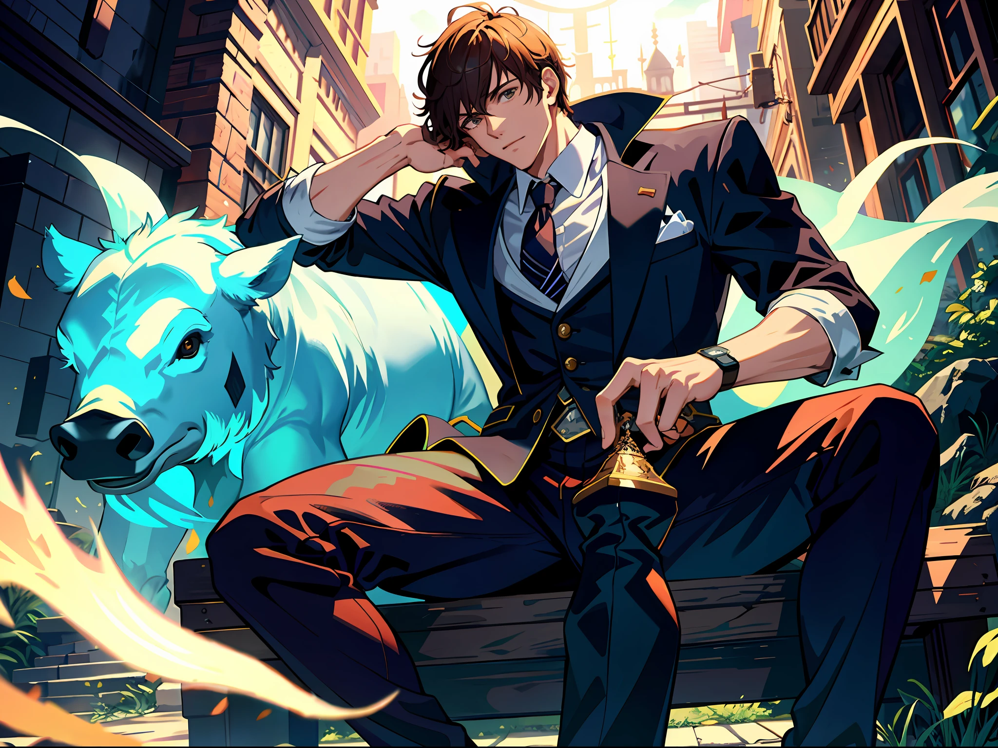 HD clear, best images, illustration quality, super detailed, a handsome ager sitting cross-legged on the ground with a giant boar ghost behind him