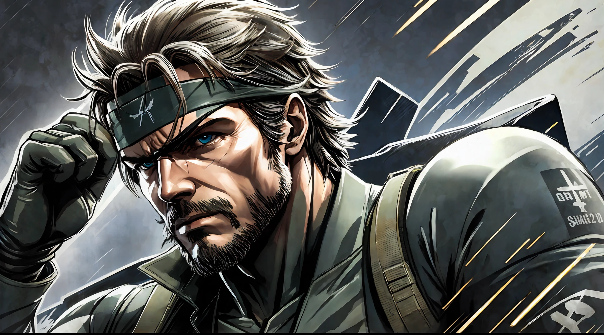 metal gear,metal gear solid,solid snake,metal gear solid solid snake,art hyperrealism, dark,dark background,suit,business suit,wearing gloves,wearing headband,black belt --auto --s2