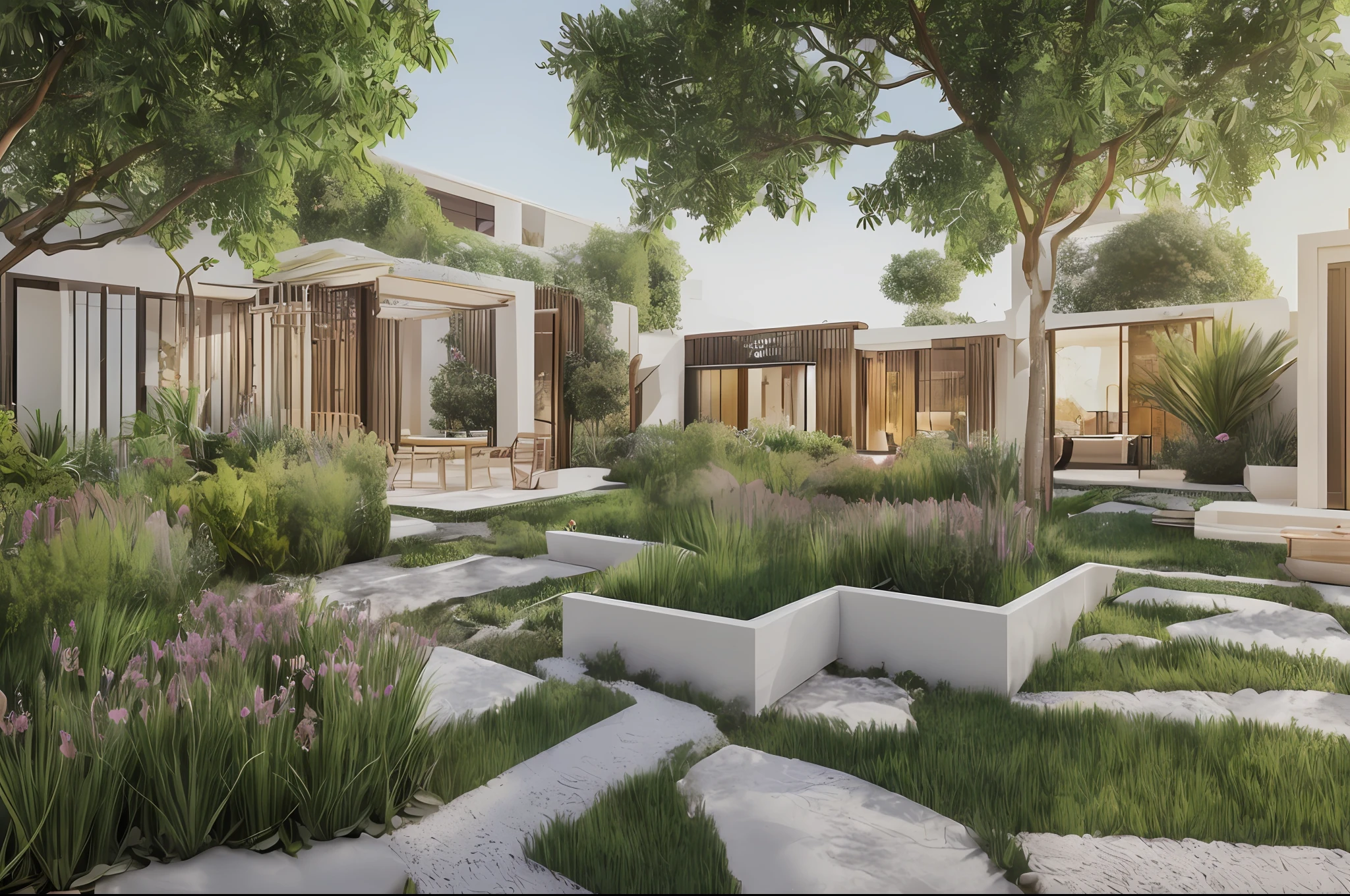 Western outdoor garden, realistic rendering, 3D rendering, lighting, detailed architectural visualization rendering, high rendering, fully detailed rendering, bright sky,