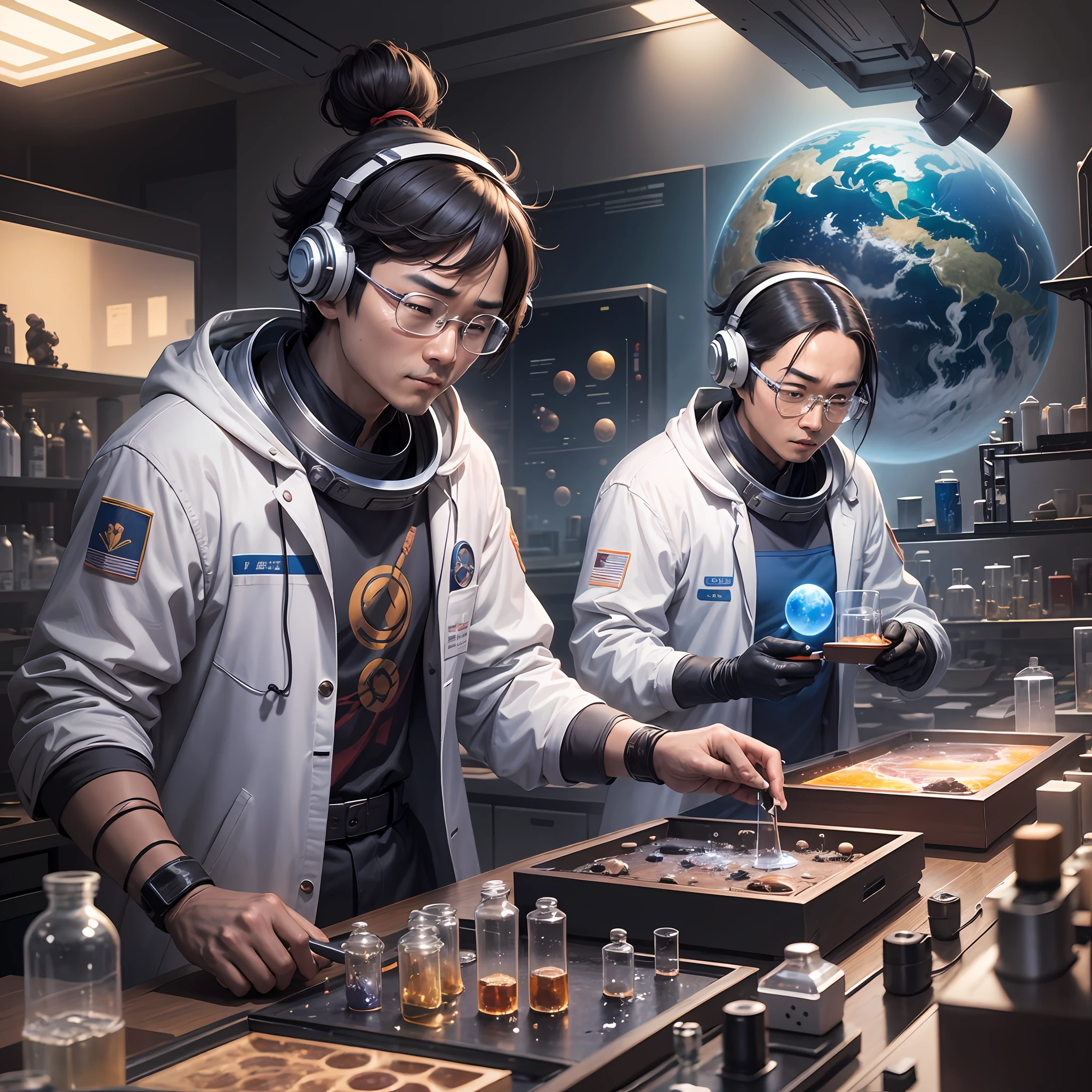Characters: Li Tong, team of scientists; Scenes: laboratory, cosmic space, mysterious planet. AI painting prompt: Scientists conduct experiments in the laboratory, Li Tong and his team explore unknown worlds in space, and they have discovered unknown life forms on mysterious planets. --auto --s2