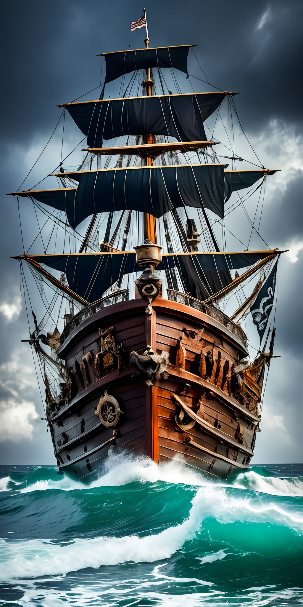 A cruel pirate, known as Blackbeard, with large black beards, masterfully wields his sword on his pirate ship on the high seas. Their eyes fixate on the viewer with an intimidating gaze, while the accompanying ocean waves and stormy skies in the background add a mood of imminent danger. The image is a realistic and detailed photo, capturing the smallest details of the pirate's fierce expression. --auto --s2