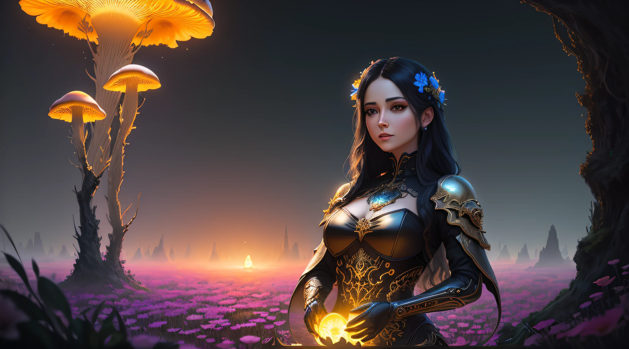 mushrooms and flowers, ultra detailed artistic photography, midnight aura, night sky, dreamy, glowing, backlit, glamour, glimmer, shadows, oil on canvas, brush strokes, smooth, ultra high definition, 8k, unreal engine 5, ultra sharp focus, art by alberto seveso, artgerm, loish, sf, intricate artwork masterpiece, ominous, matte painting movie poster, golden ratio, trending on cgsociety, intricate, epic, trending on artstation, by artgerm, h. r. giger and beksinski, highly detailed, vibrant, production cinematic character render, ultra high quality model