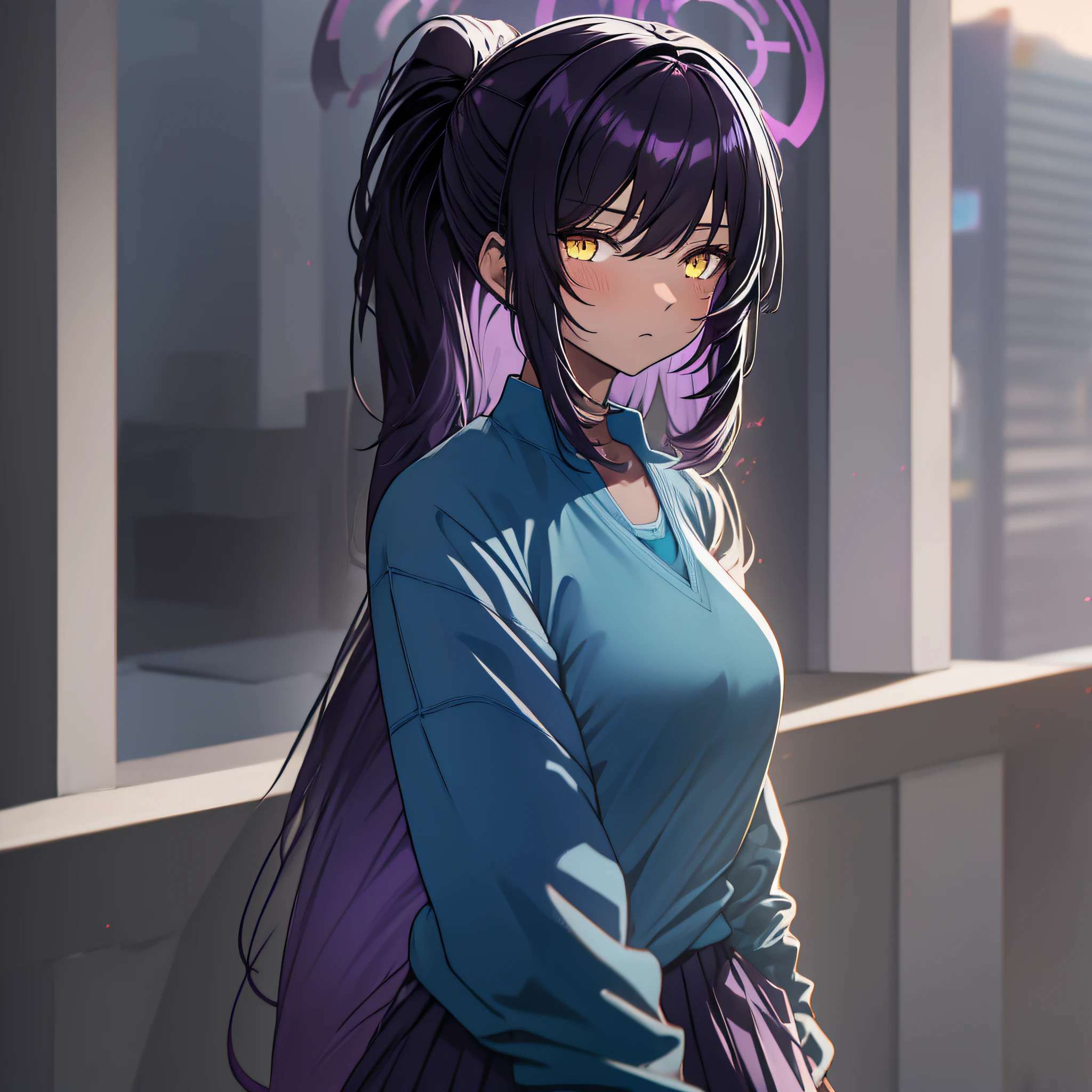 Woman, Horn Shield Karin (Blue Archive), glaring, brown skin, blush, black hair, purple hair, long hair, straight hair, yellow eyes, ponytail, school uniform, blue sweater, collar shirt, standing figure, halo,