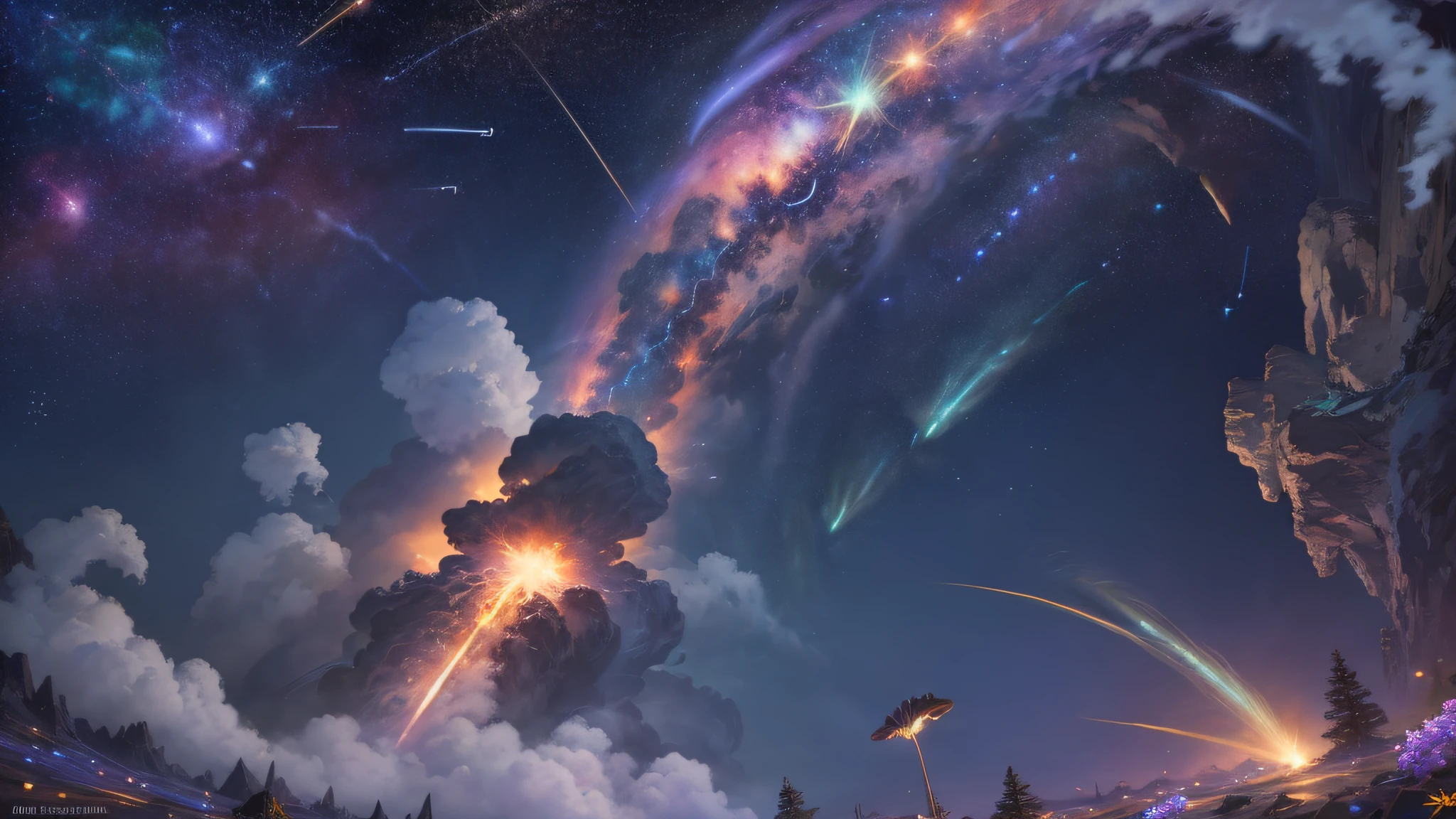 (zoomed out:1.1), (meteor shower:1.2), (comet:1.1), low angle, aroura borealis, shooting star, cloud, colorful, starry, stars, night, flower field, flower blossom, night sky, beautiful flowers, night theme, Surrealism, high detail, from below, from below, Hyperrealism, Impressionism, best quality, masterpiece, UHD, retina, award winning, 4K, anatomically correct, super detail