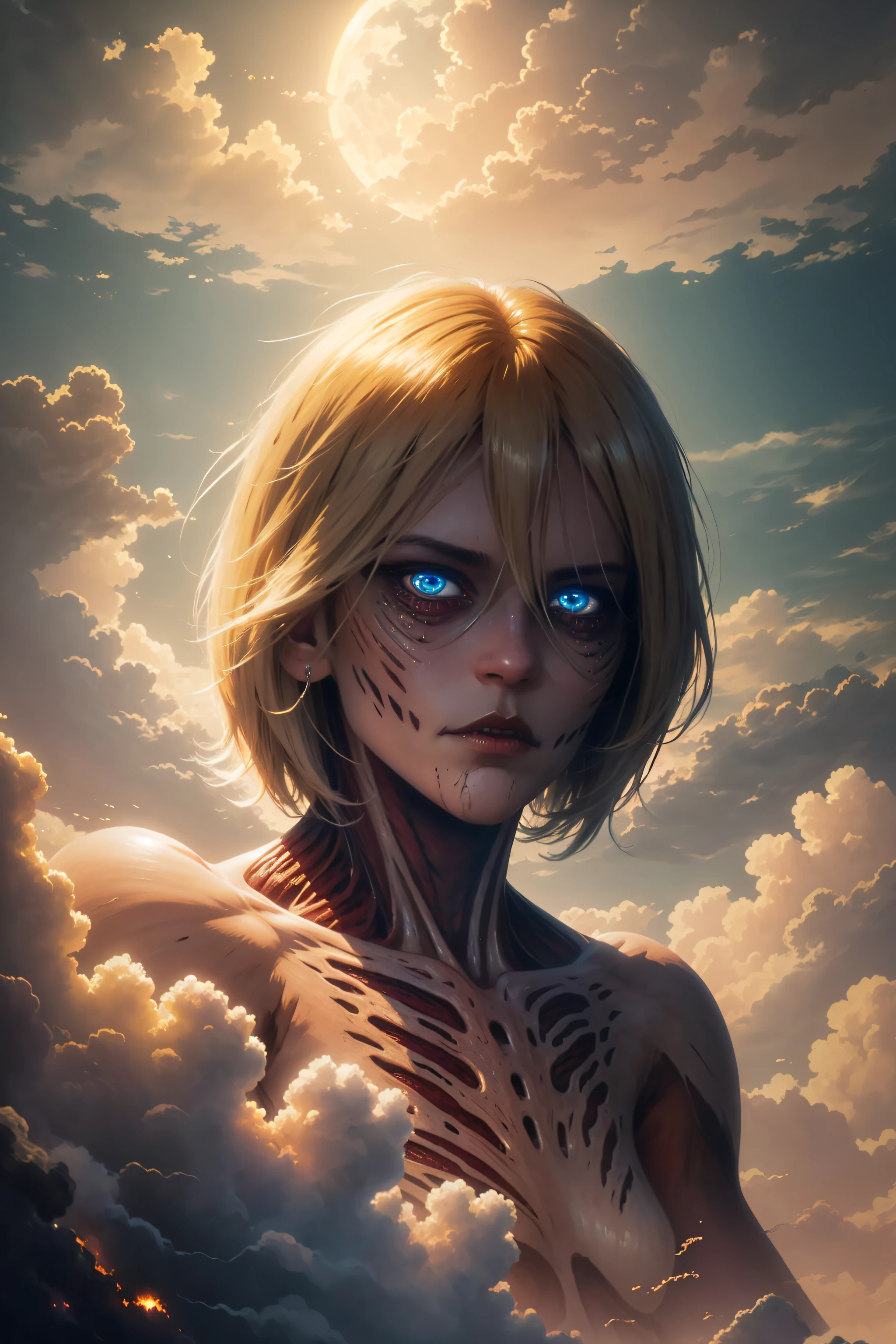 ((best quality)), ((masterpiece)), (detailed), female titan, blonde hair, short hair, blue eyes, horror beauty, perched on a cloud, (fantasy illustration:1.3), enchanting gaze, captivating pose, delicate scars, otherworldly charm, mystical sky, (Luis Royo:1.2), (Yoshitaka Amano:1.1), moonlit night, soft colors, (detailed cloudscape:1.3), (high-resolution:1.2)