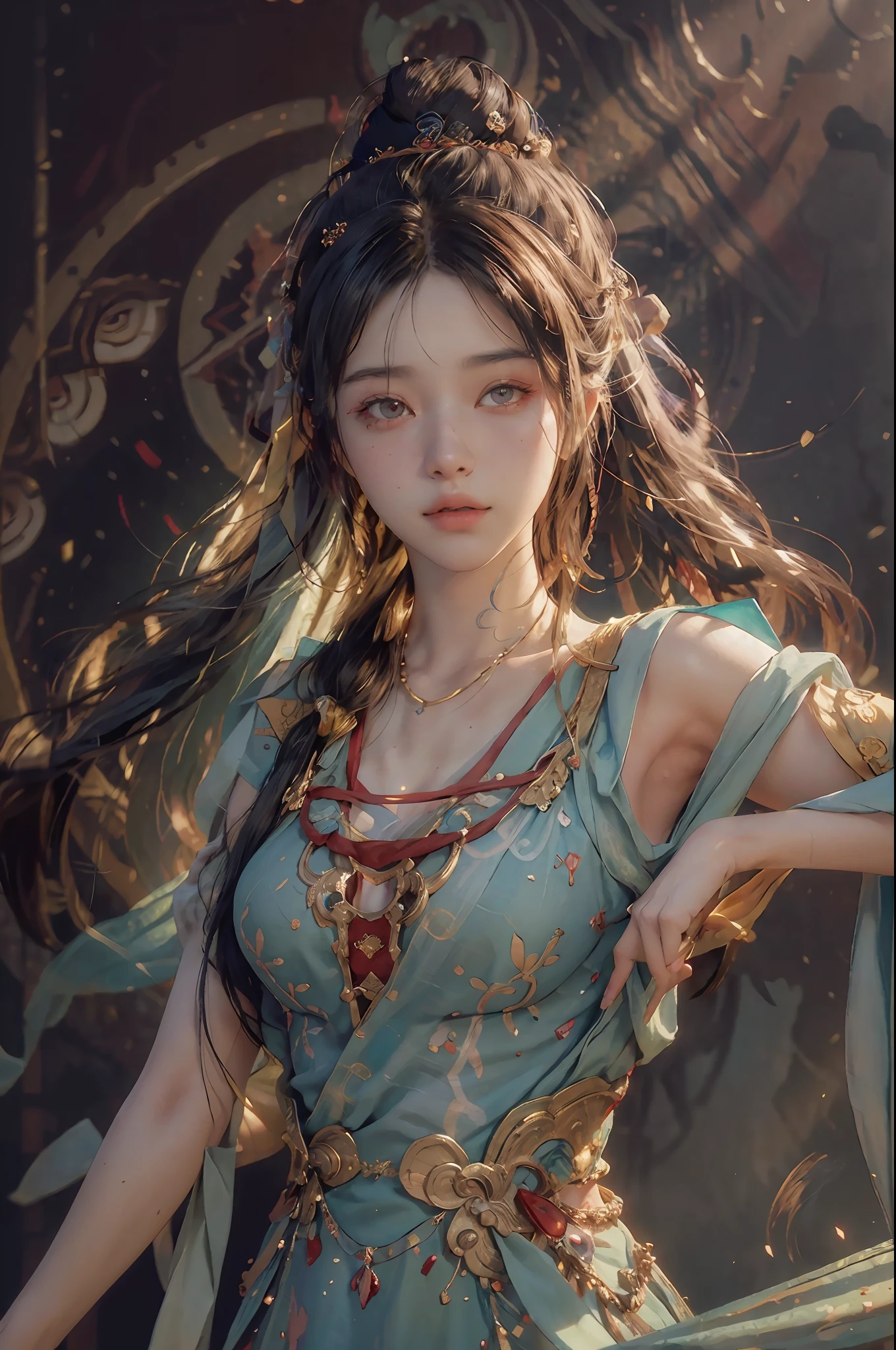 (RAW photo, best quality), (realistic, photo-realistic:1.3),best quality,highly detailed,masterpiece,ultra-detailed,illustration,1girl,upper_body,dynamic angle,world masterpiece theater,messy_long_hair,best quality,extremely detailed CG unity 8k wallpaper,ink,Amazing,cinematic lighting,lens_flare, dunhuang_style