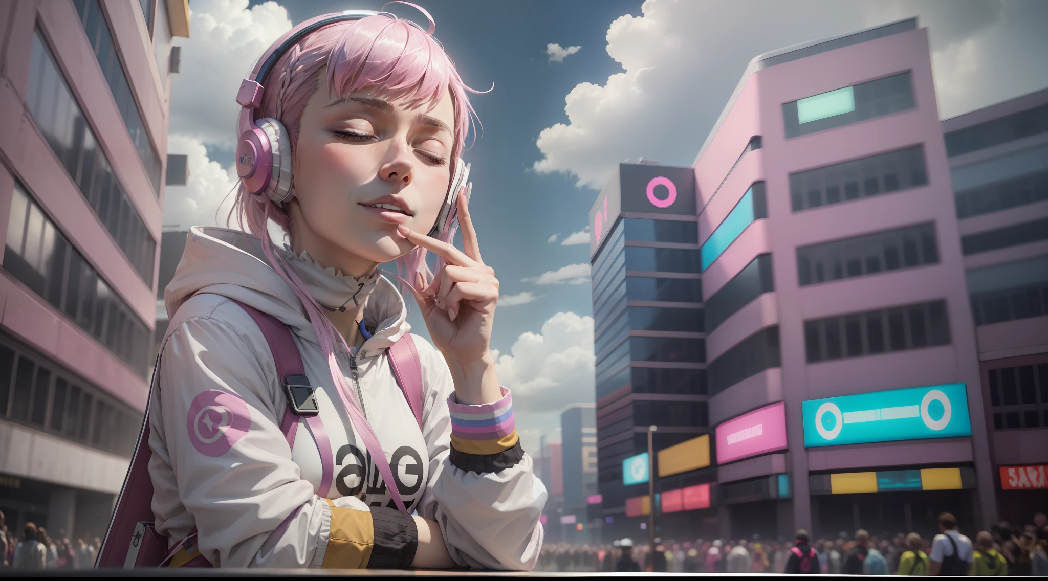 Woman with peace sense headset, closed eyes, beautiful face, RGB colors, anime pink hair, banner for youtube video, happy girl, clouds with RGB colors., bright RGB colors.