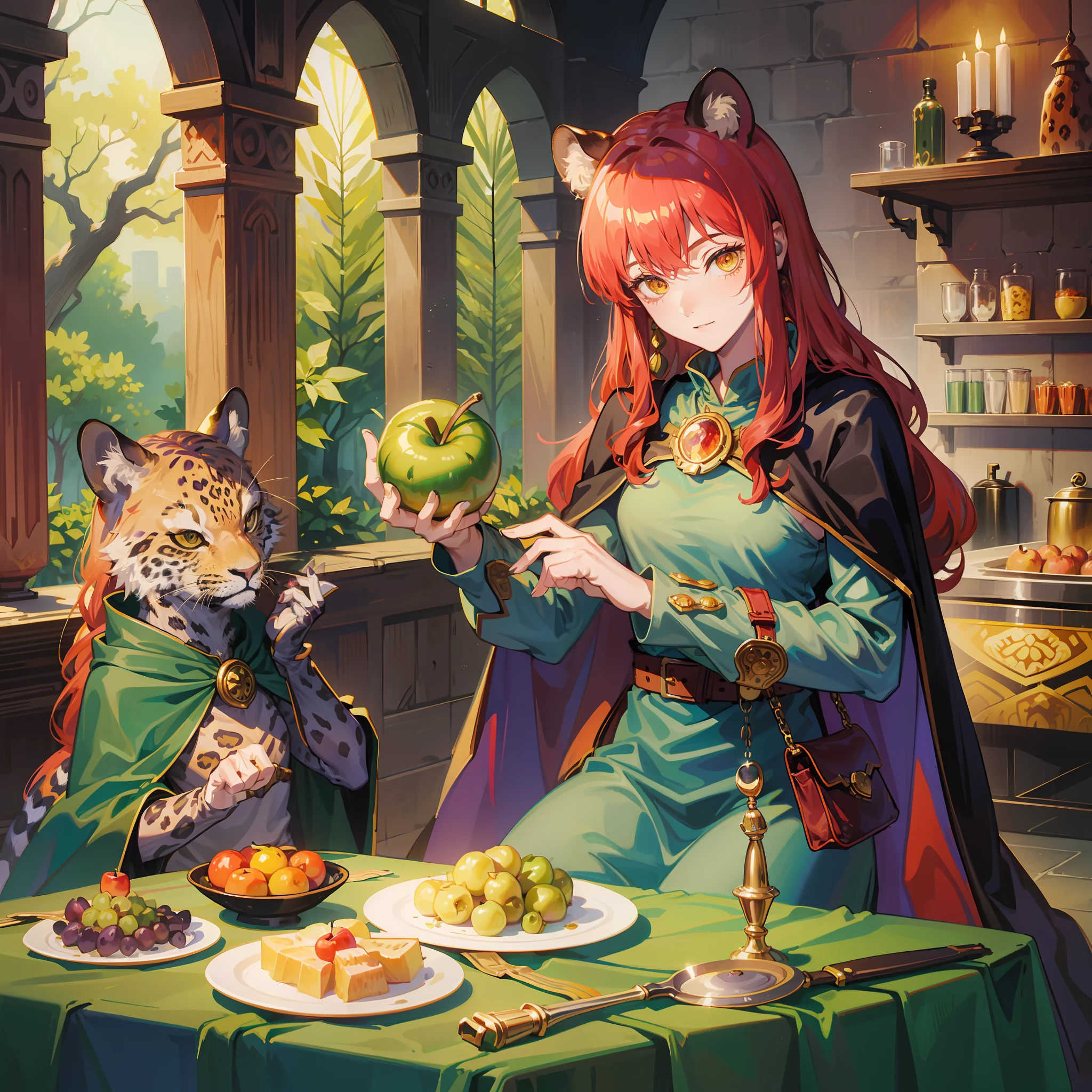 Makima, medieval times, animals, food, tunic, dark green velvet, tight pants, leopard print cape, black leather high boots, fruit and vegetable accessories, brooches and pins, golden apple, grape bunch, belt with plate-shaped buckle, bag with culinary pattern print, red hair, sexy, would be