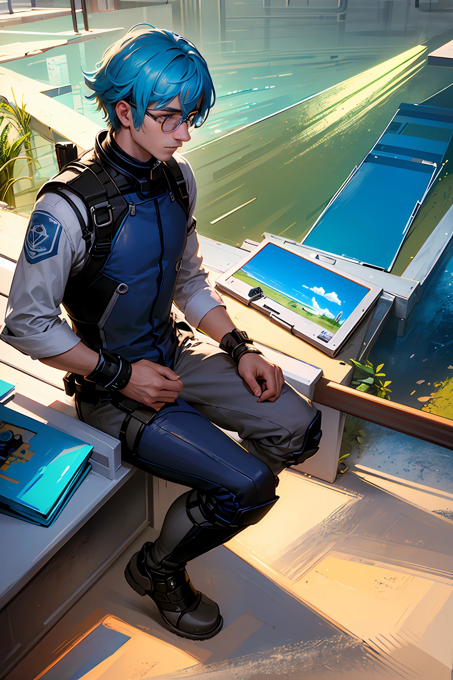 Image of a 25-year-old man working on a PC in the lab of a paint chemical company. The man's face is adorned with virtual reality glasses that brings the experience of diving into new possibilities. The colors are vibrant and intense, creating a visually captivating atmosphere. The man is fully immersed in the work, he is using technology to develop automotive colors, with bright and focused eyes fixed on the computer screen. Around the man are futuristic and technological elements, representing the advanced post-war era. The scenery is filled with neon lights, mesmerizing visual effects and graphic elements that symbolize the intensity of the experience of working with the highest technology. --auto --s2