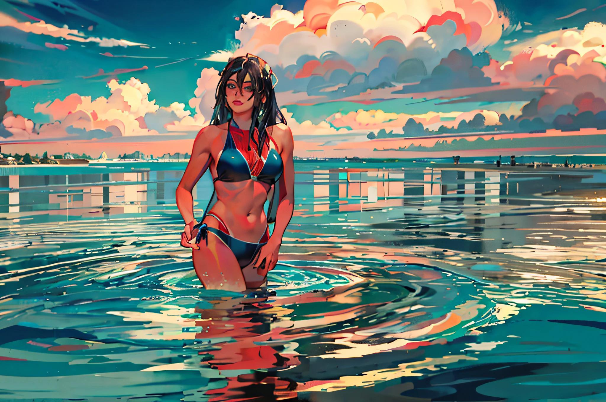 there is a woman in a bikini standing in the water, on the ocean water, in a lake, in the water, at the sea, in a sea, standing in shallow water, in lake, in the sea, in water, attire: bikini, standing in a lake, wearing two - piece swimsuit, young swimsuit model, bikini model --auto --s2