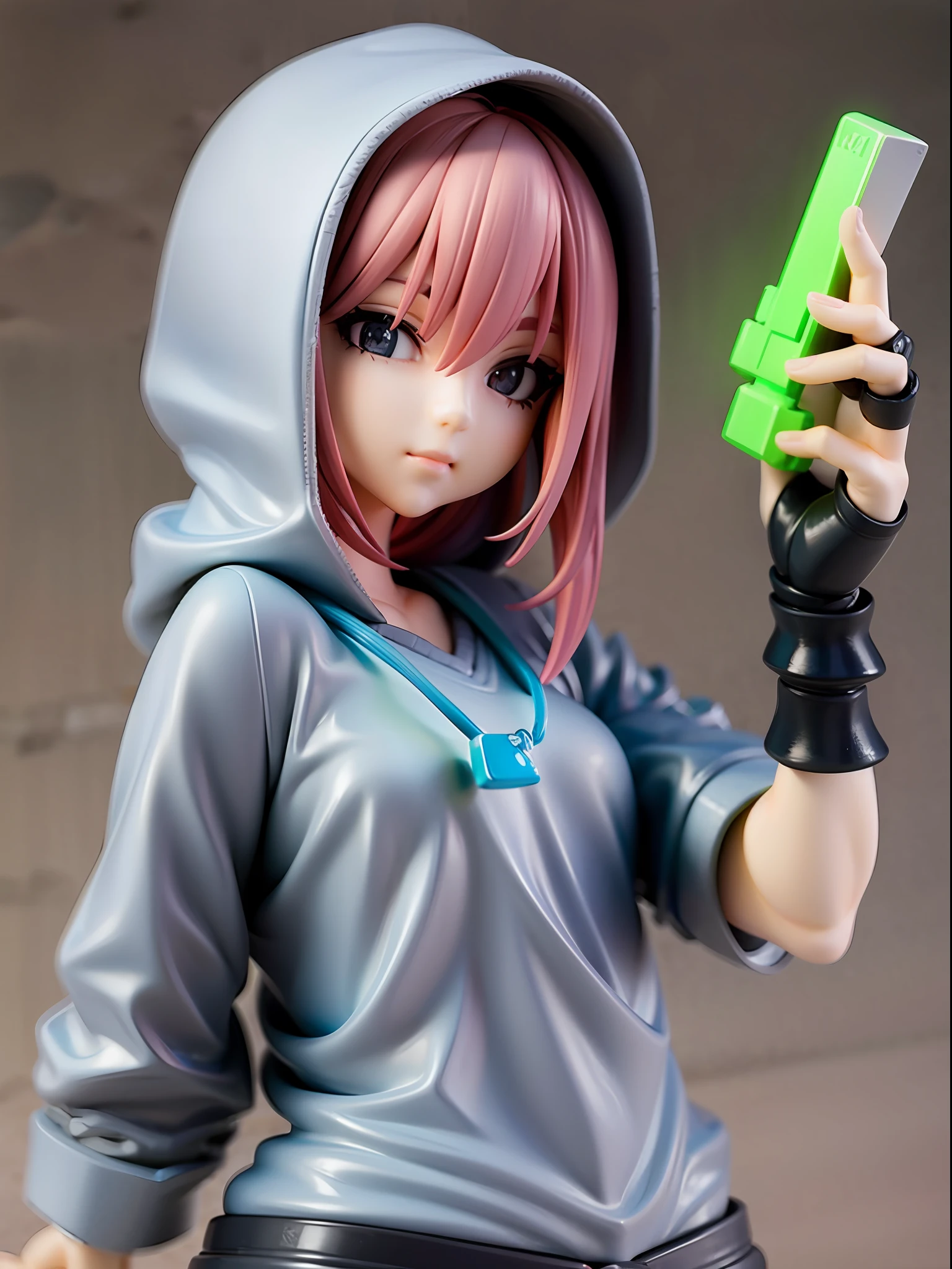 Girl, wearing a hood, neon color, holding a weapon, machine, white background, no background,