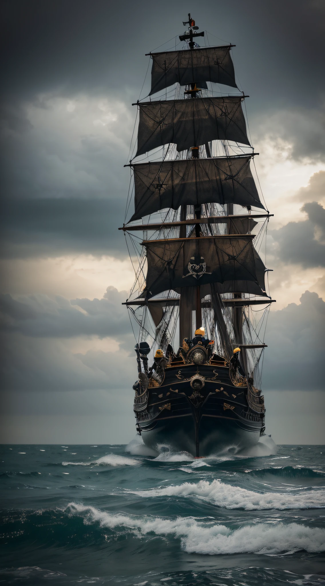 A cruel pirate, known as Blackbeard, with large black beards, masterfully wields his sword on his pirate ship on the high seas. Their eyes fixate on the viewer with an intimidating gaze, while the accompanying ocean waves and stormy skies in the background add a mood of imminent danger. The image is a realistic and detailed photo, capturing the smallest details of the pirate's fierce expression.