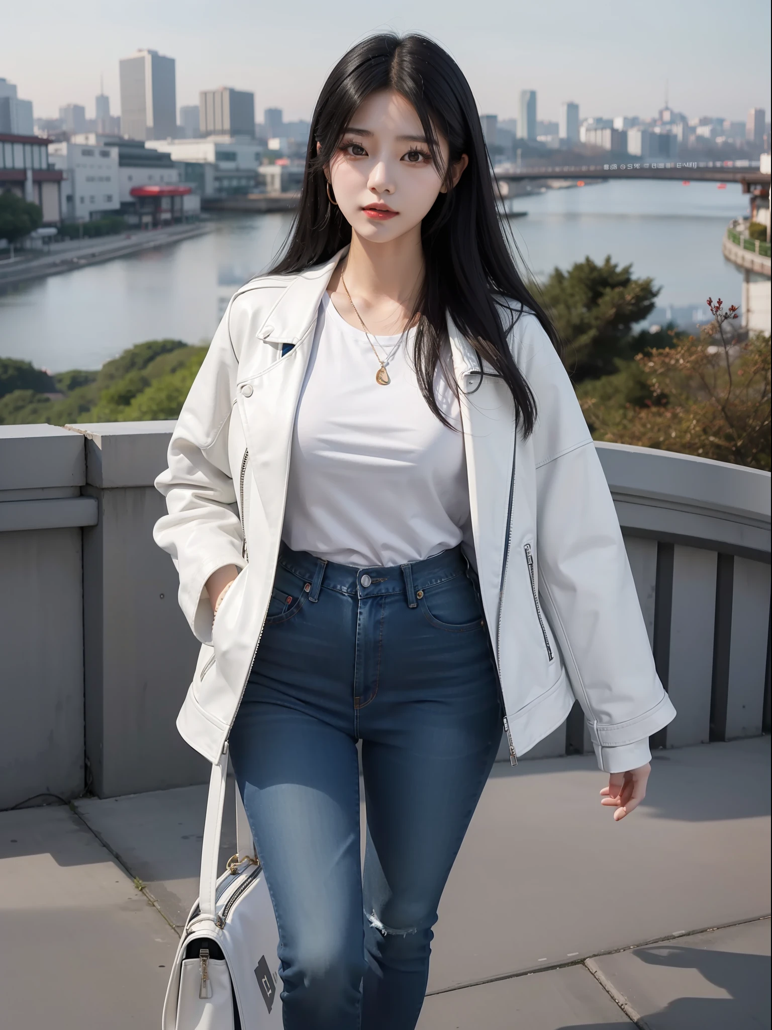 A Korean woman with black hair and red eyes. She's wearing jeans, a white blouse and a leather jacket. The scenery in the background is the city of Seoul.