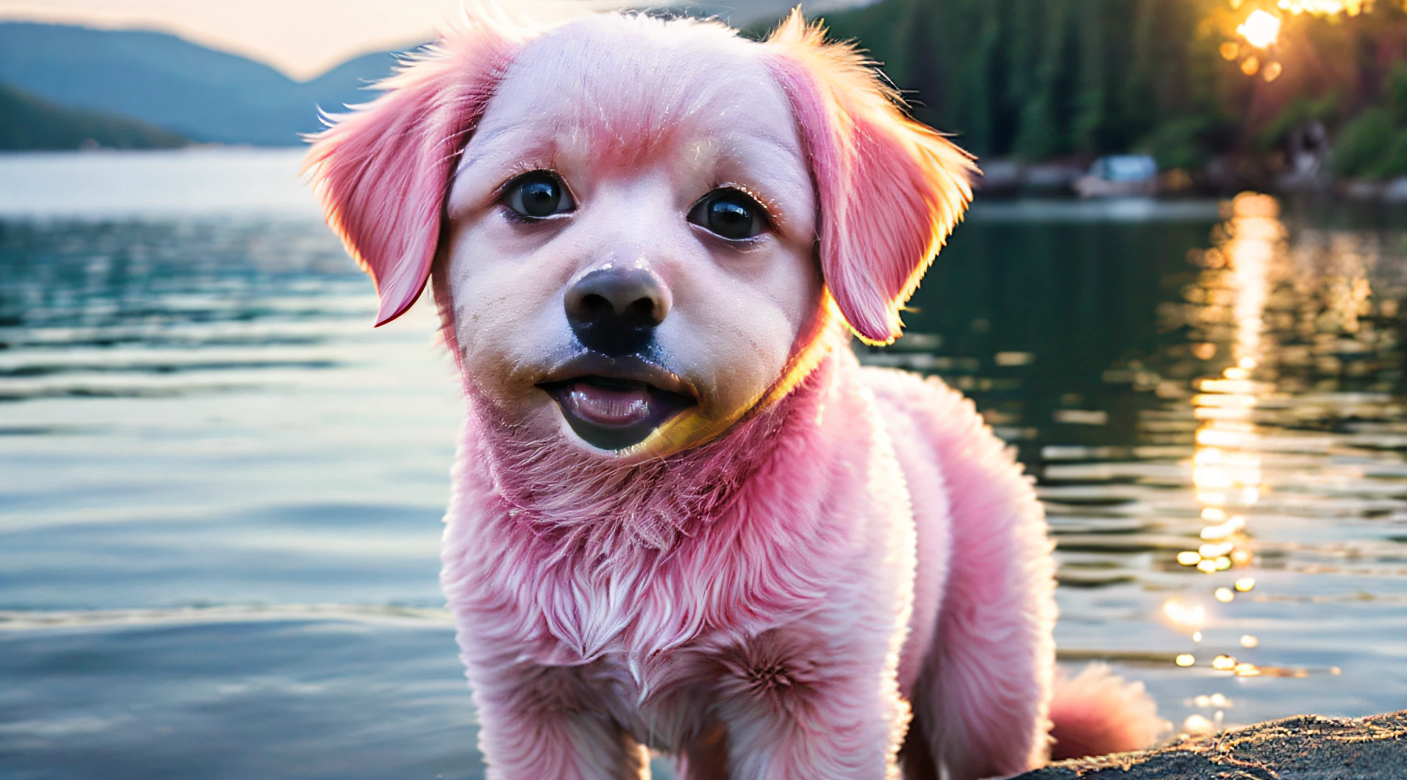Close-up photo of a very cute pink dog on the lake, pink, soft volumetric lighting, (backlight: 1.3), (video: 1.2), intricate detail, (ArtStation: 1.3), rutkowski, smile,