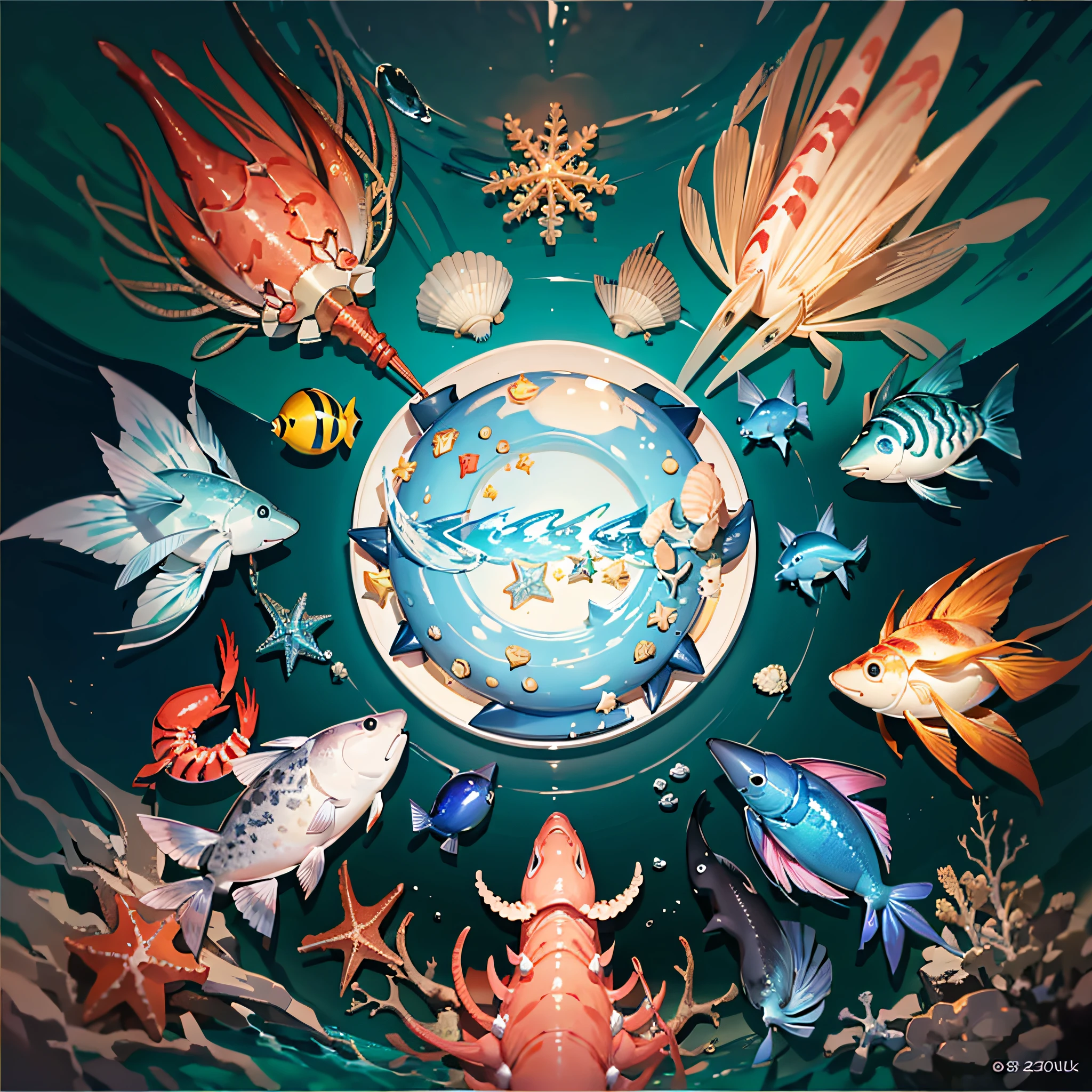 Real sea world, community interaction diagram, many fish and shrimp, including crabs, sharks, squid, shells, corals, etc., blue background --auto --s2