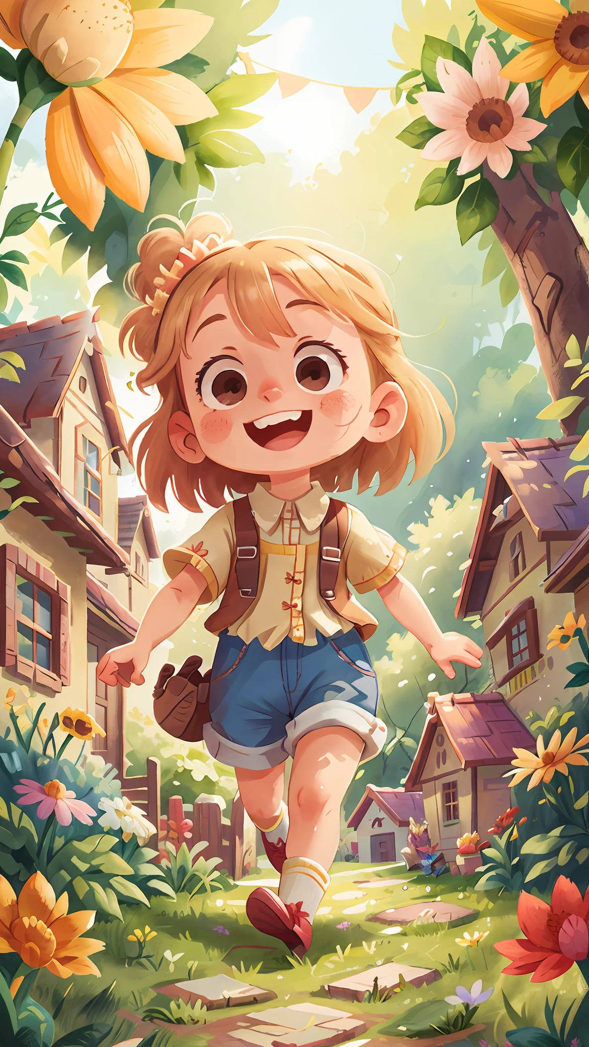 Watercolour. Blonde girl, smiling, very cheerful, running through the garden, wearing gardener and white blouse, front view, full body, the background is a beautiful and cozy house in the countryside, garden with flowers, sunny, perfect quality, (mess-house: 0.8), (masterpiece: 1.2) (Realistic: 1.2) (Bokeh) (Best quality) (Detailed Skin: 1.3) (Intricate Details) (8K) (Detail Eyes) (Sharp Focus), (Unhappy)