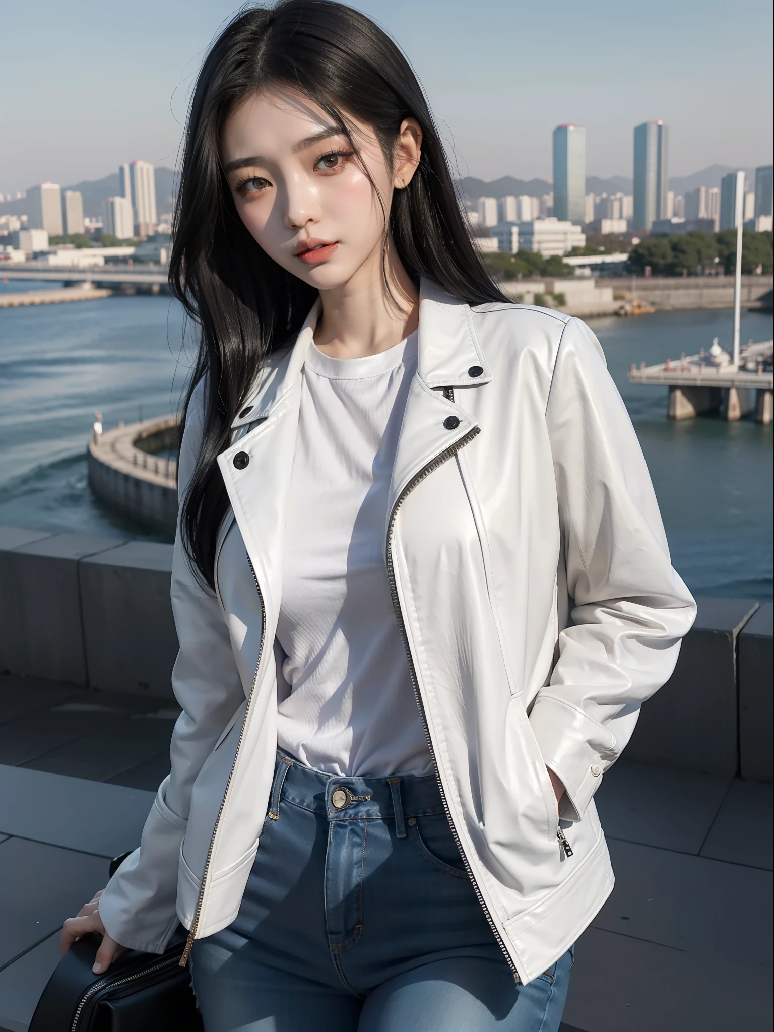A Korean woman with black hair and red eyes. She's wearing jeans, a white blouse and a leather jacket. The scenery in the background is the city of Seoul.