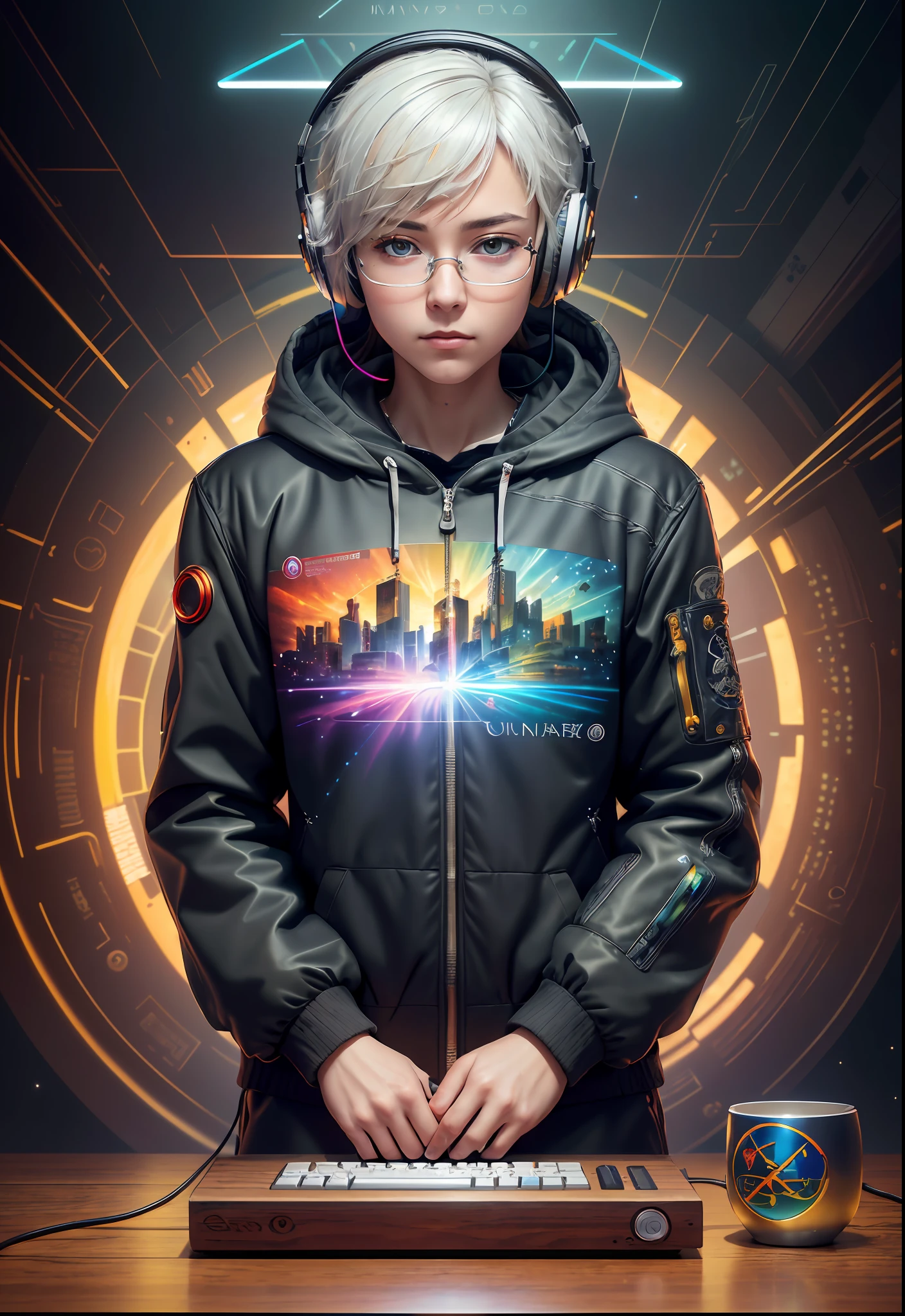 Masterpiece, Best Illustration, Solo, Multiplayer, Handsome Glasses-kun, White-haired Boy, Blonde Girl, Seated, Keyboard \ (Computer \), Fur Decoration, Computer, Monitor, Hood, Jacket, Hood Down (Chair, Headphones, City, Instrument, Cyberpunk, Wooden Toys,\(\(Intricate Details\)\), Color Details, Rainbow Color BREAK, \(\(Best Quality of Masterpiece\)\), 4K, Ultra Detail, Detailed Lighting, \((Inspired by Hayao Miyazaki)\), Official Art, Propaganda art, composition, a giant mirror ball floating in space, twinkling lights, sad lost, particles in the air, intricate fractals, detailed, (illustration), masterpiece, high resolution, best quality. Illuminate people, colorful, master composition, focus on key figures, realism, masterpiece, award-winning, best quality, masterpiece, ultra-detailed, 8K, extremely detailed CG Unity 8k wallpaper, complex, highly detailed, realistic
